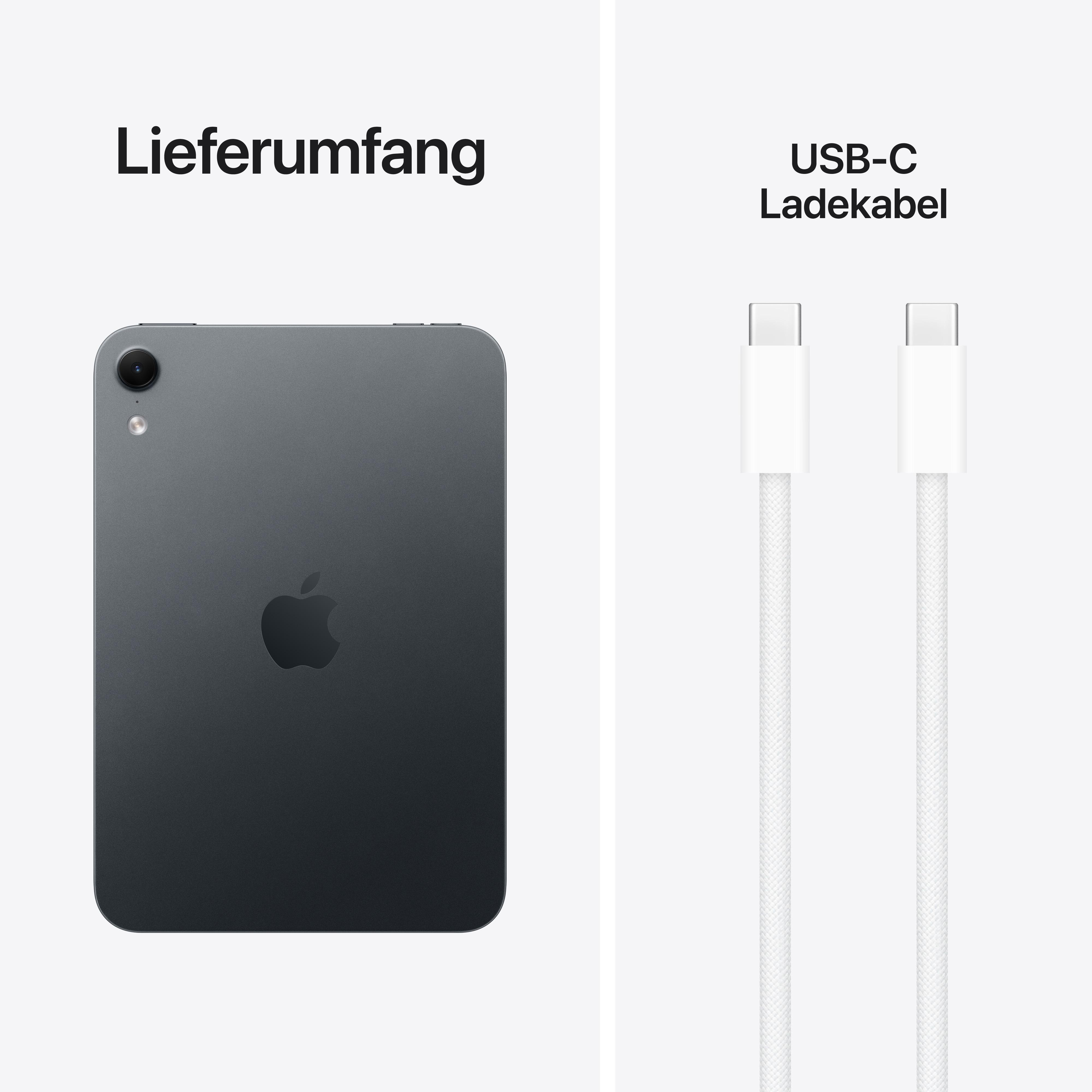 Lieferumfang: Ein graues Tablet mit Apple-Logo und zwei weiße USB-C-Kabel.