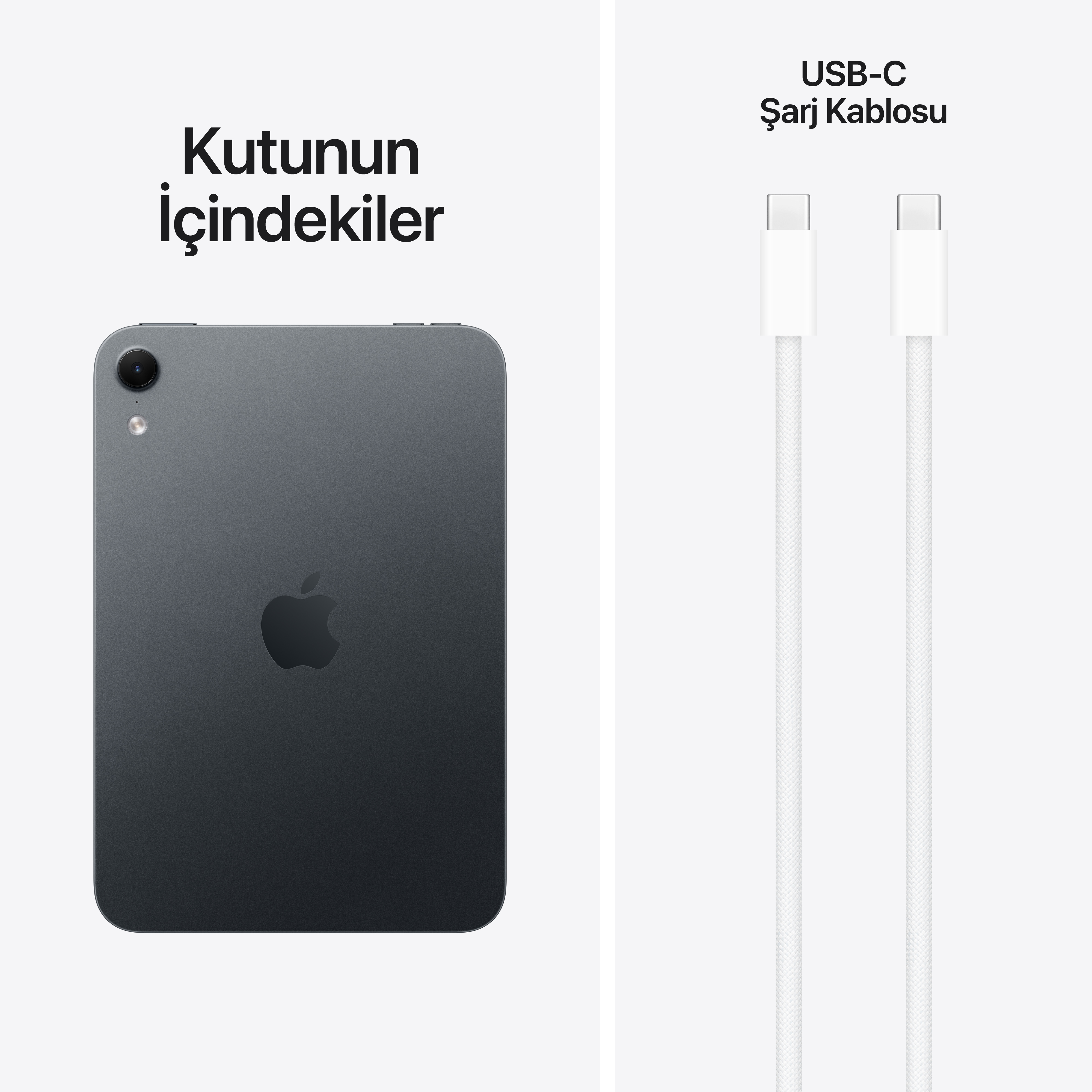 Kutunun içindekiler: Gri tablet ve USB-C şarj kablosu.