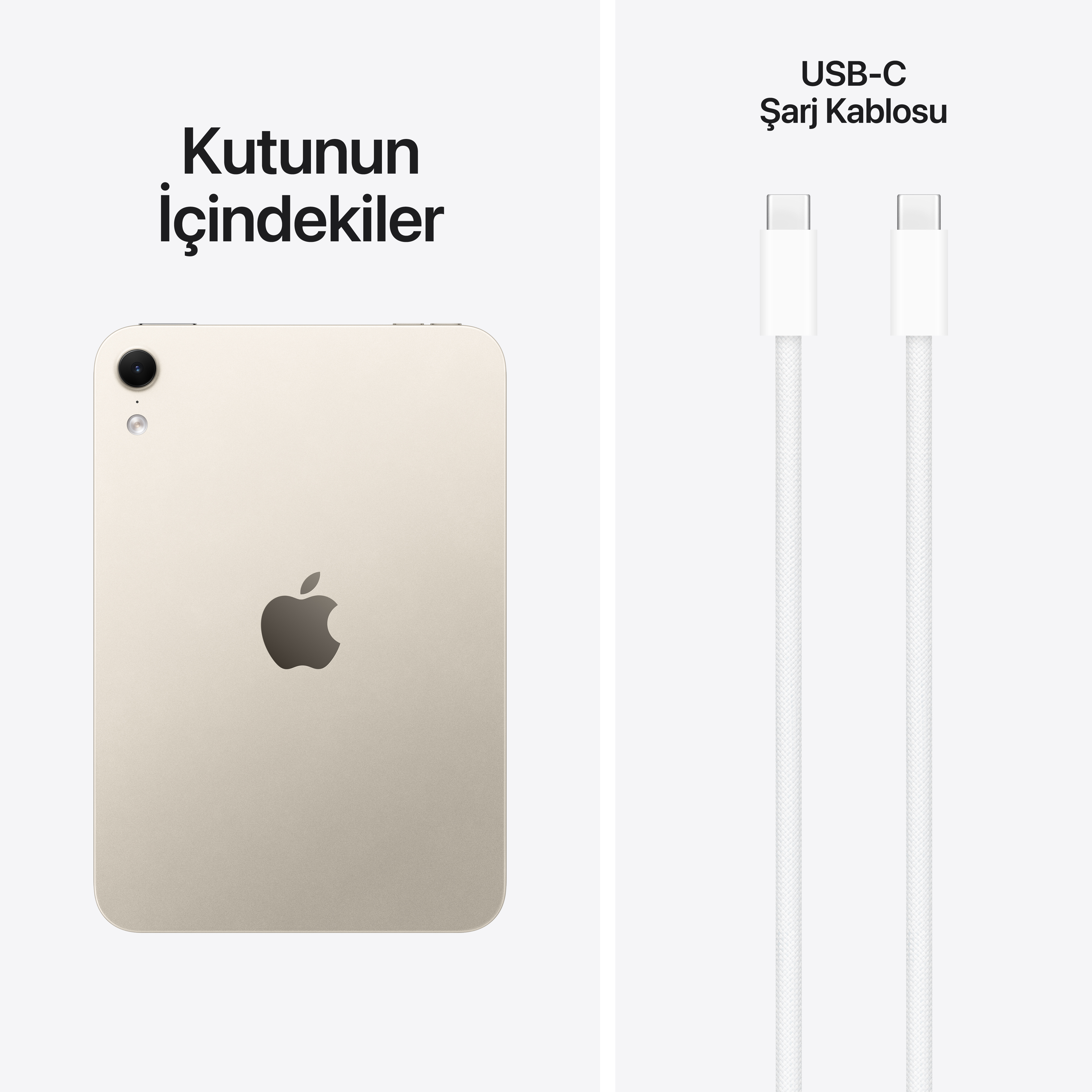 Beyaz arkaplanda Türkçe yazılı altın rengi tablet ve beyaz USB-C kablosu.
