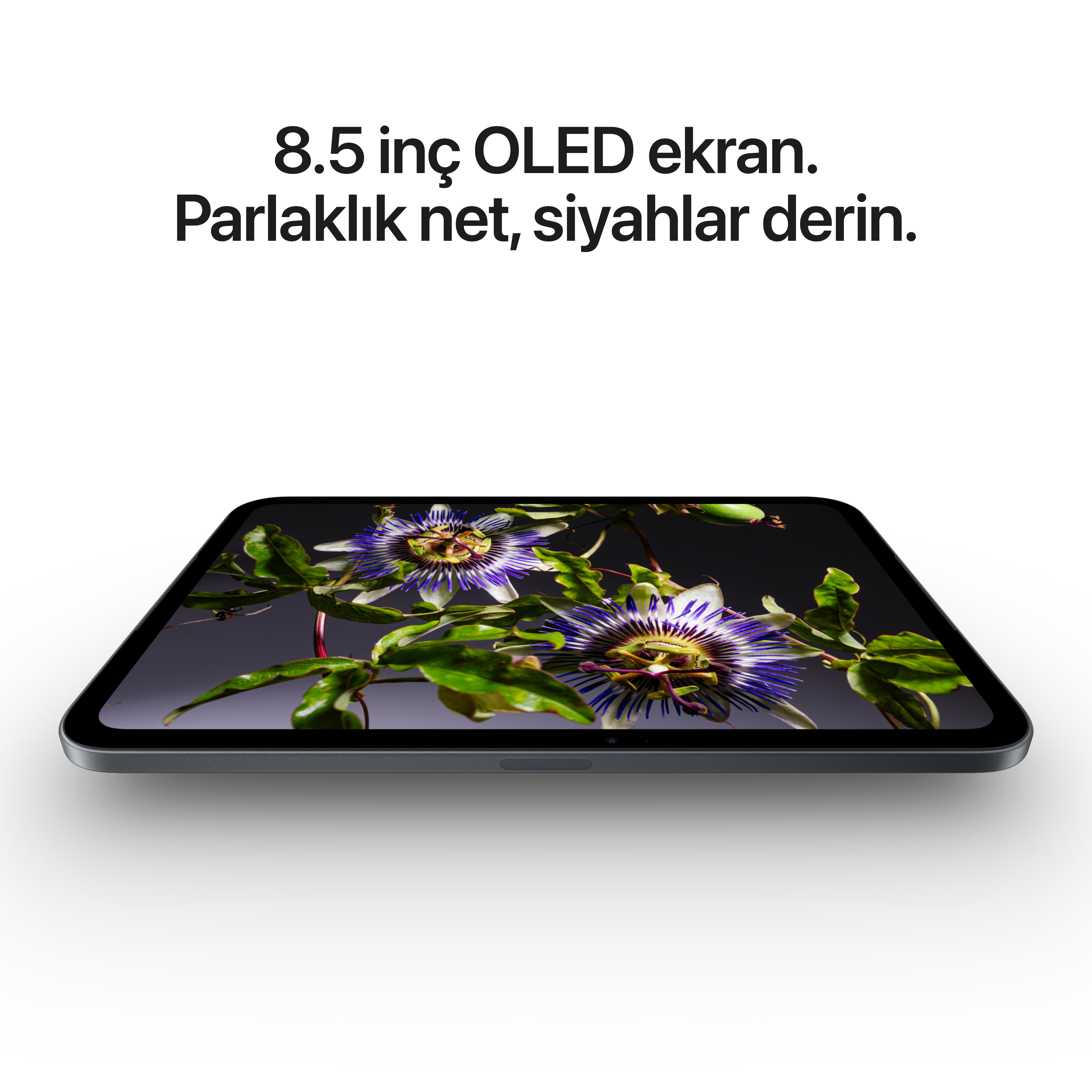Net OLED ekranlı bir tablet mor çarkıfelek çiçeklerini gösterir.