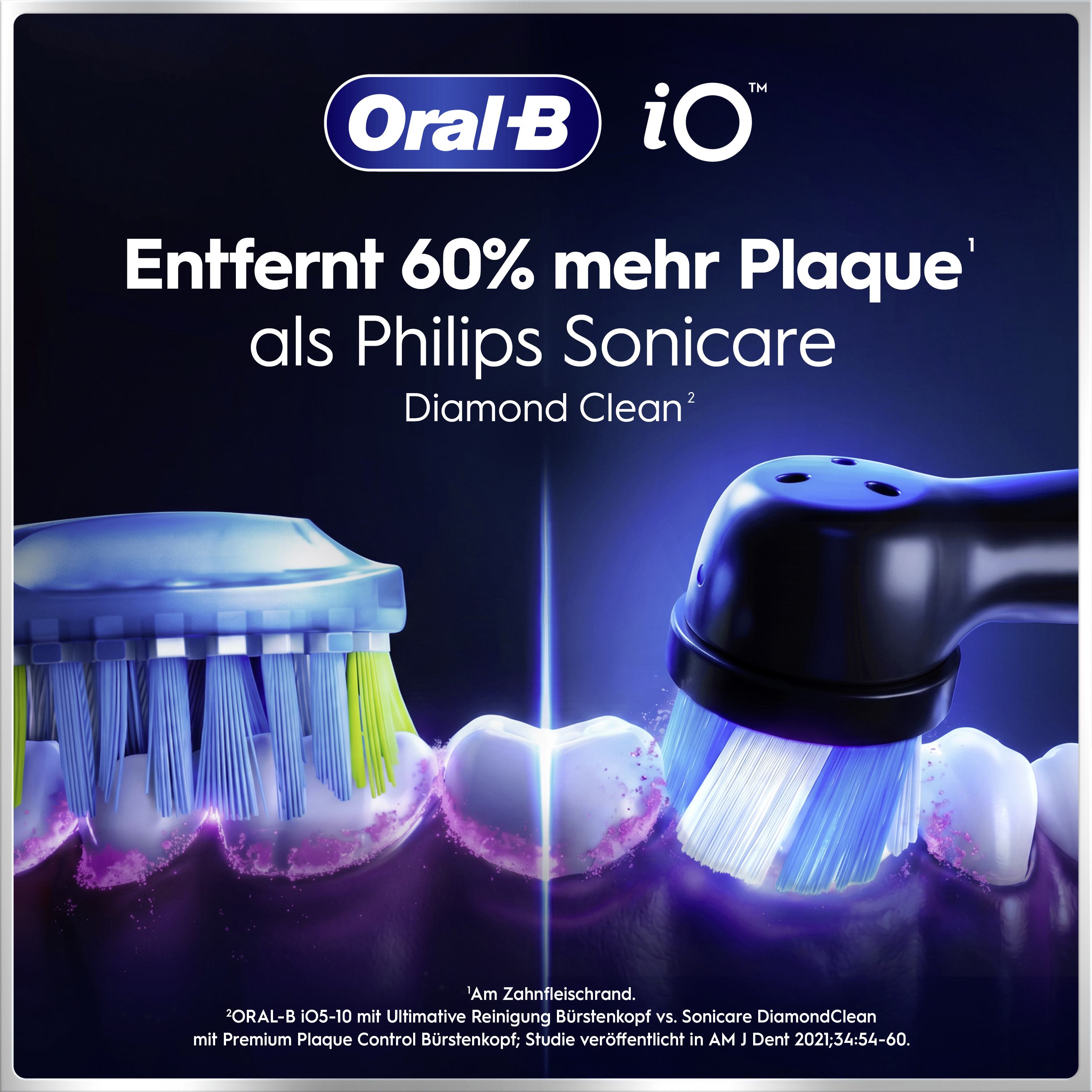 Oral-B iO Zahnbürste entfernt mehr Plaque als Philips Sonicare, verglichen an Zähnen.