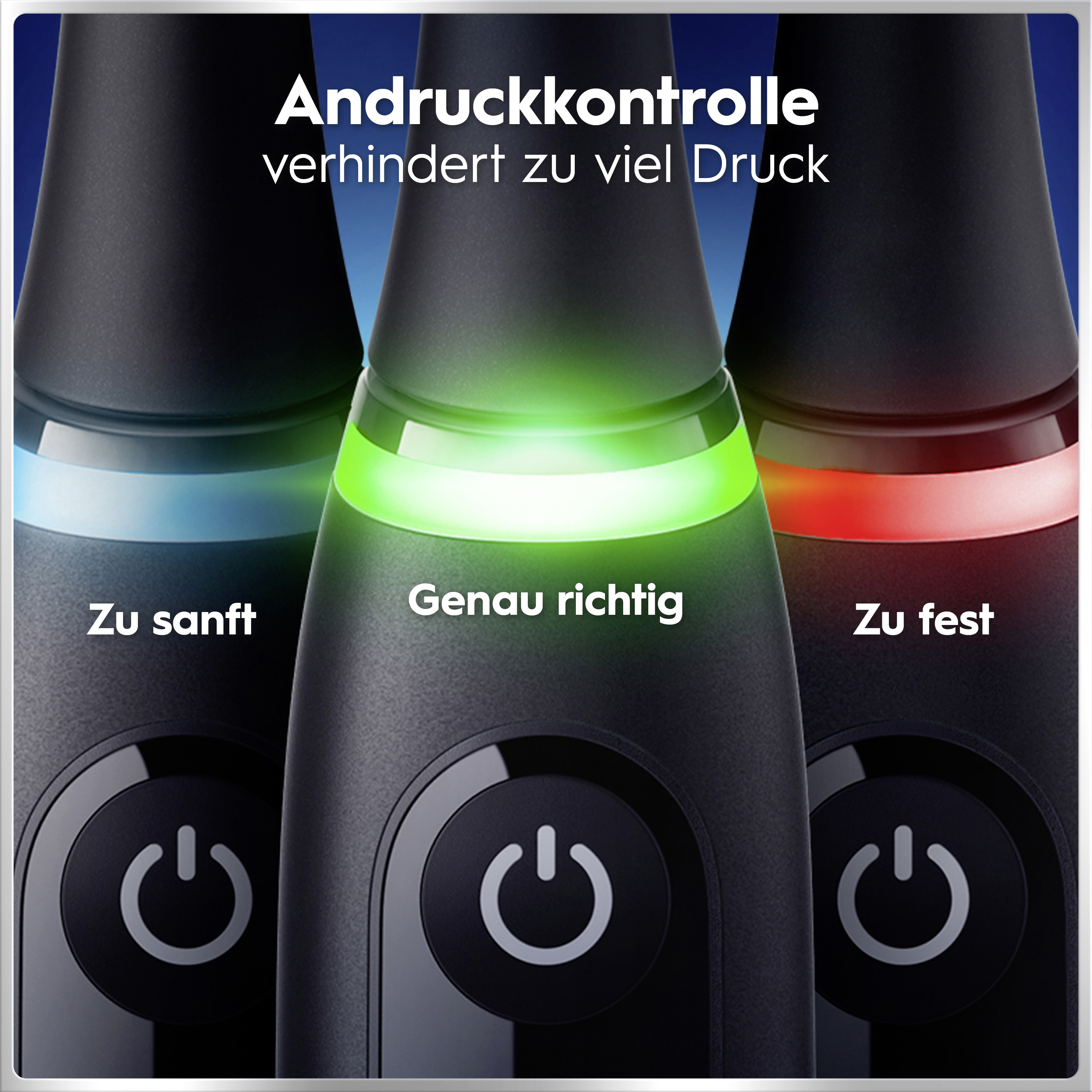 Drei schwarze Zahnbürsten mit Leuchtringen in Blau für zu sanft, Grün für richtig und Rot für zu fest.