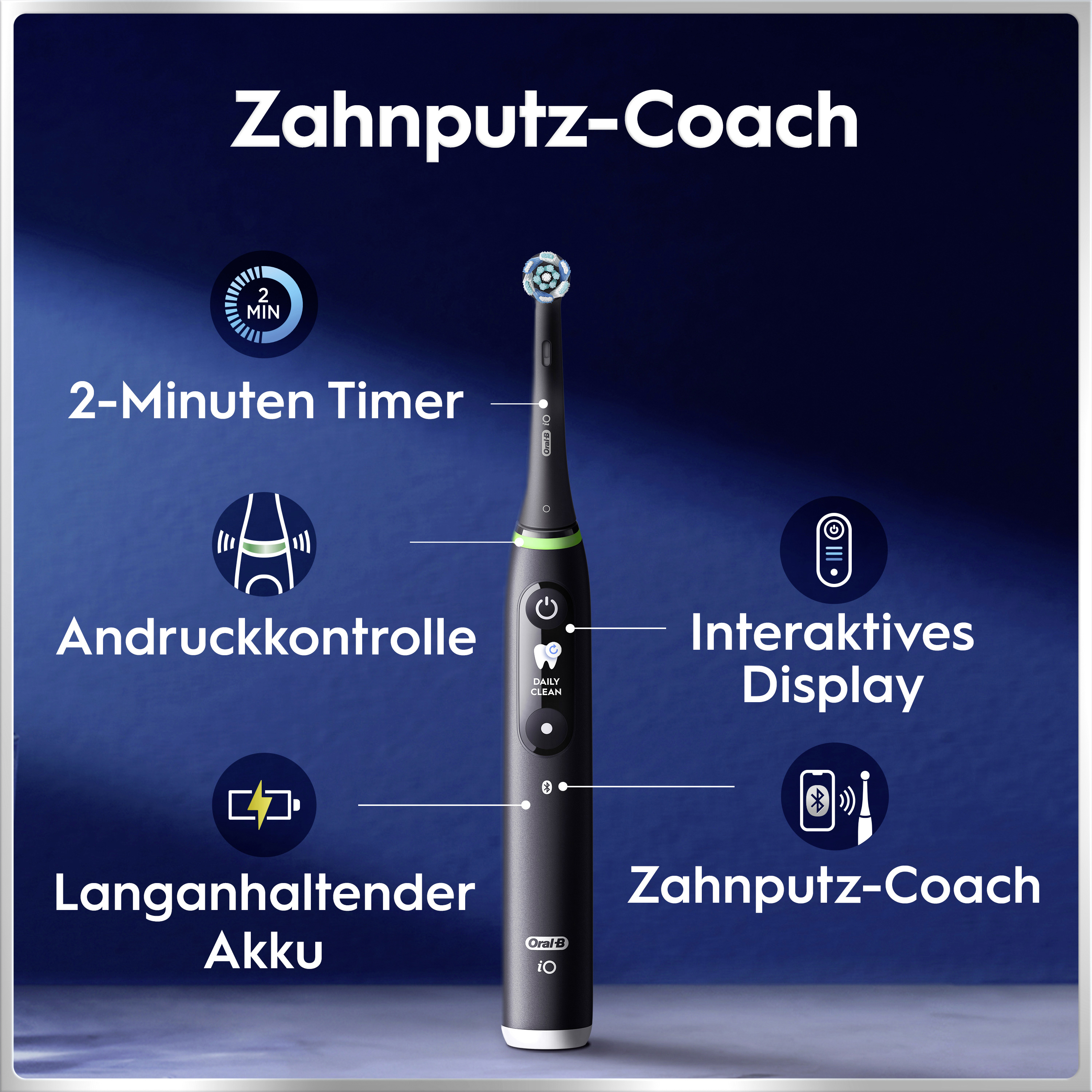 Eine schwarze Oral-B iO elektrische Zahnbürste mit Icons und Beschriftungen ihrer Funktionen auf blauem Hintergrund.