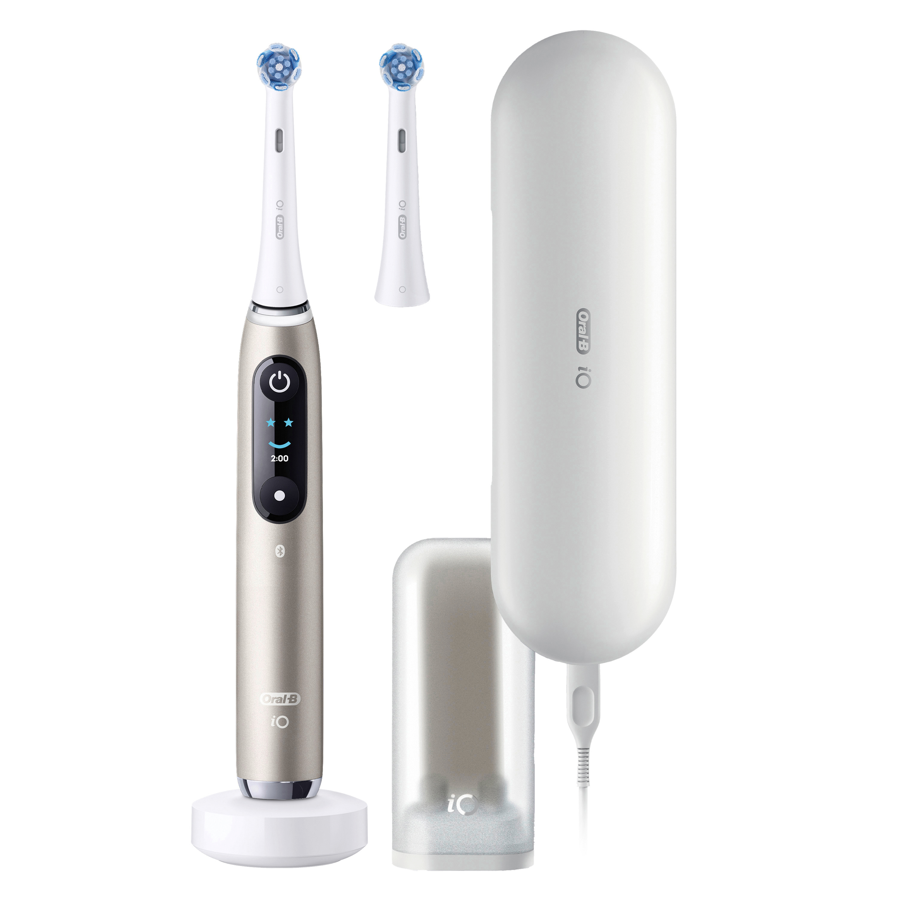 Goldfarbene Oral-B iO elektrische Zahnbürste mit Ladebasis, Reiseetui, zusätzlichem Bürstenkopf und Ladegerät.