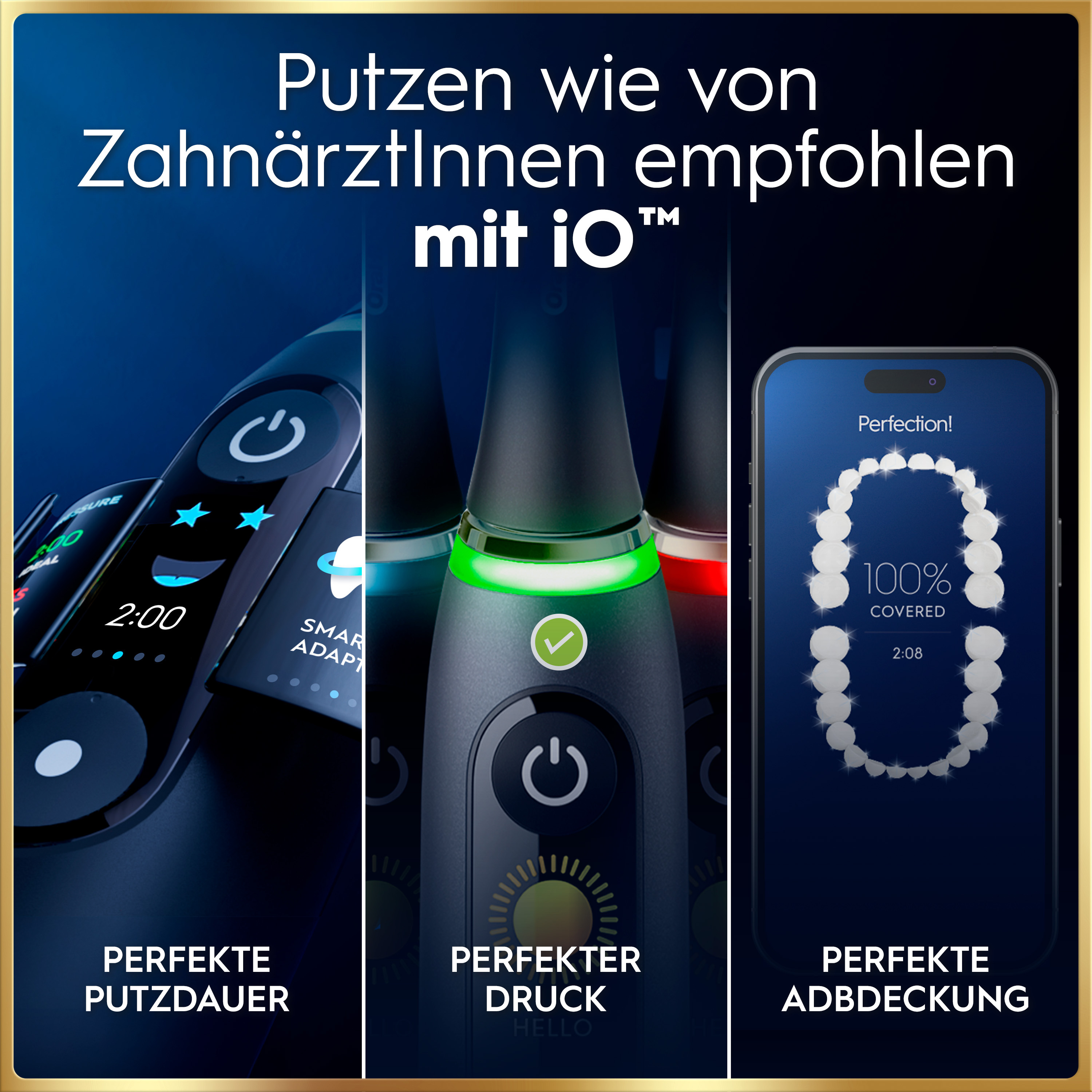 Oral-B iO Zahnbürste mit Timer, Drucksensor und Smartphone-App für perfekte Reinigung.