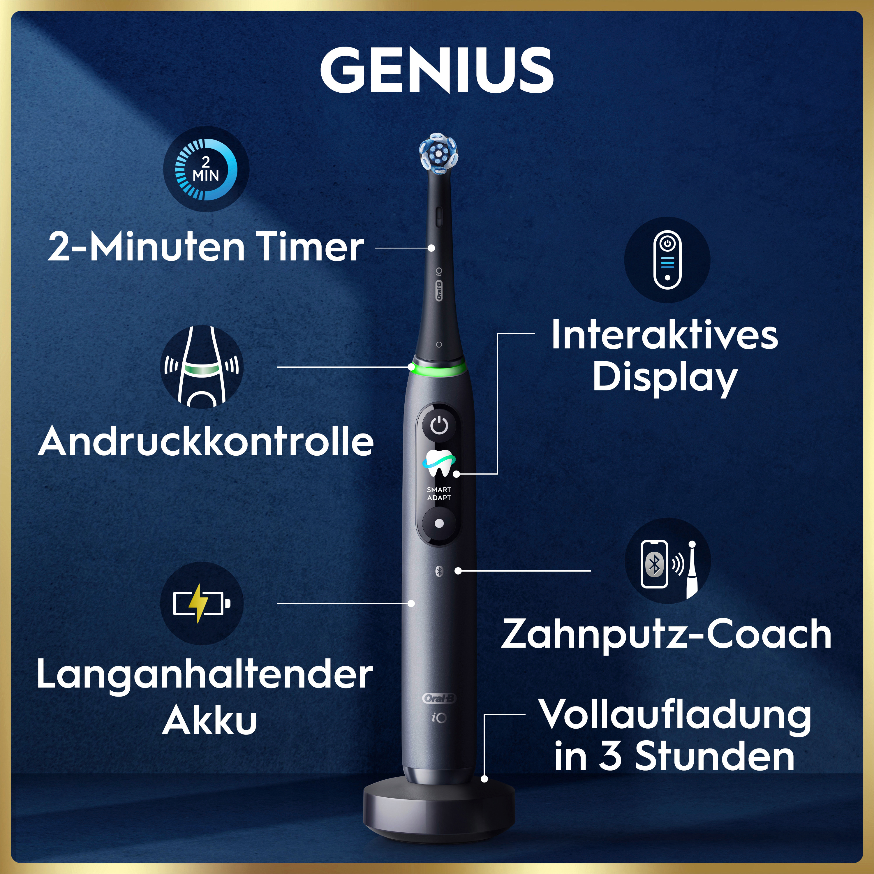 Schwarze Oral-B iO elektrische Zahnbürste auf blauem Hintergrund mit erklärenden Icons zu ihren Funktionen.
