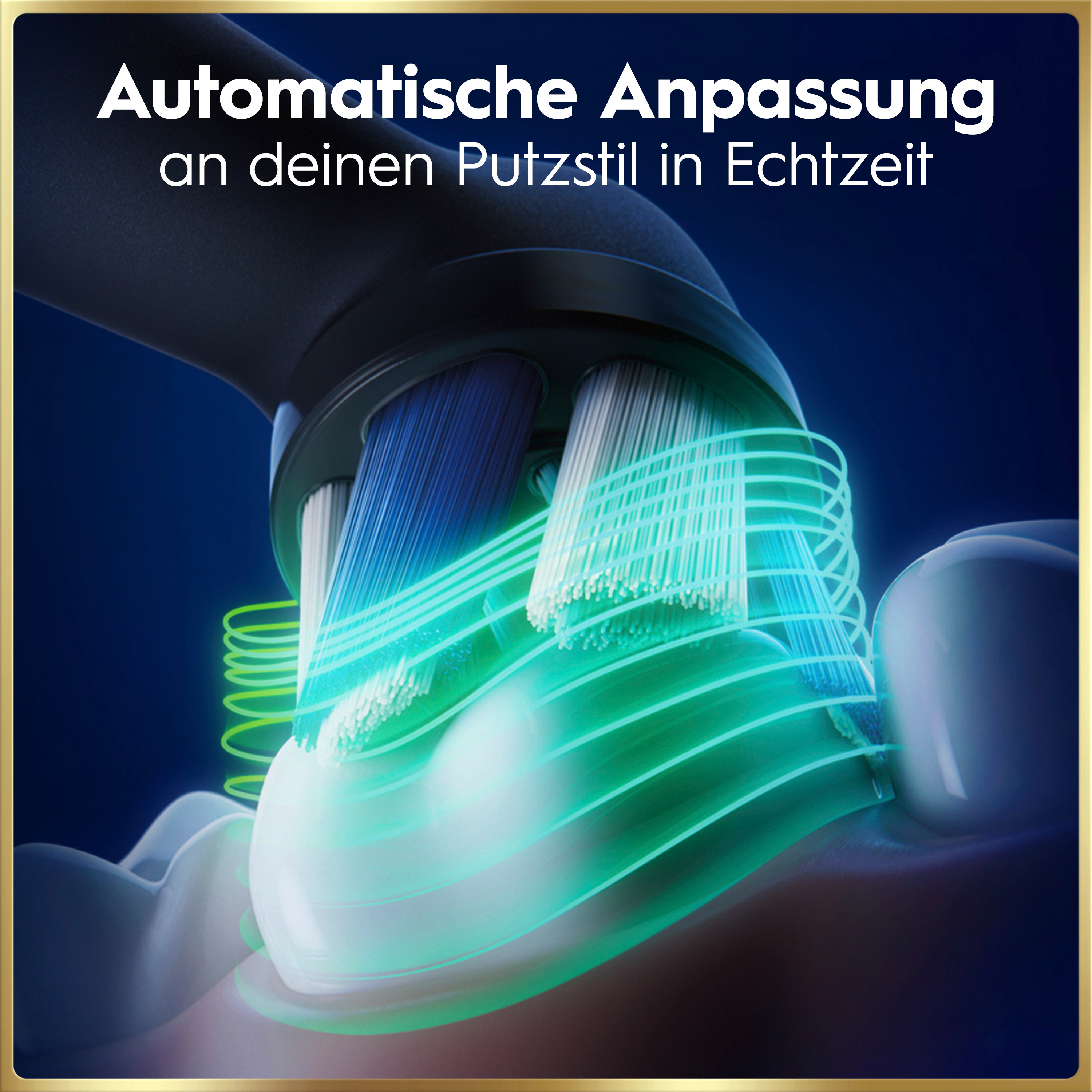 Ein elektrischer Zahnbürstenkopf putzt Zähne, umgeben von leuchtend grünen Bewegungslinien vor dunklem Hintergrund.