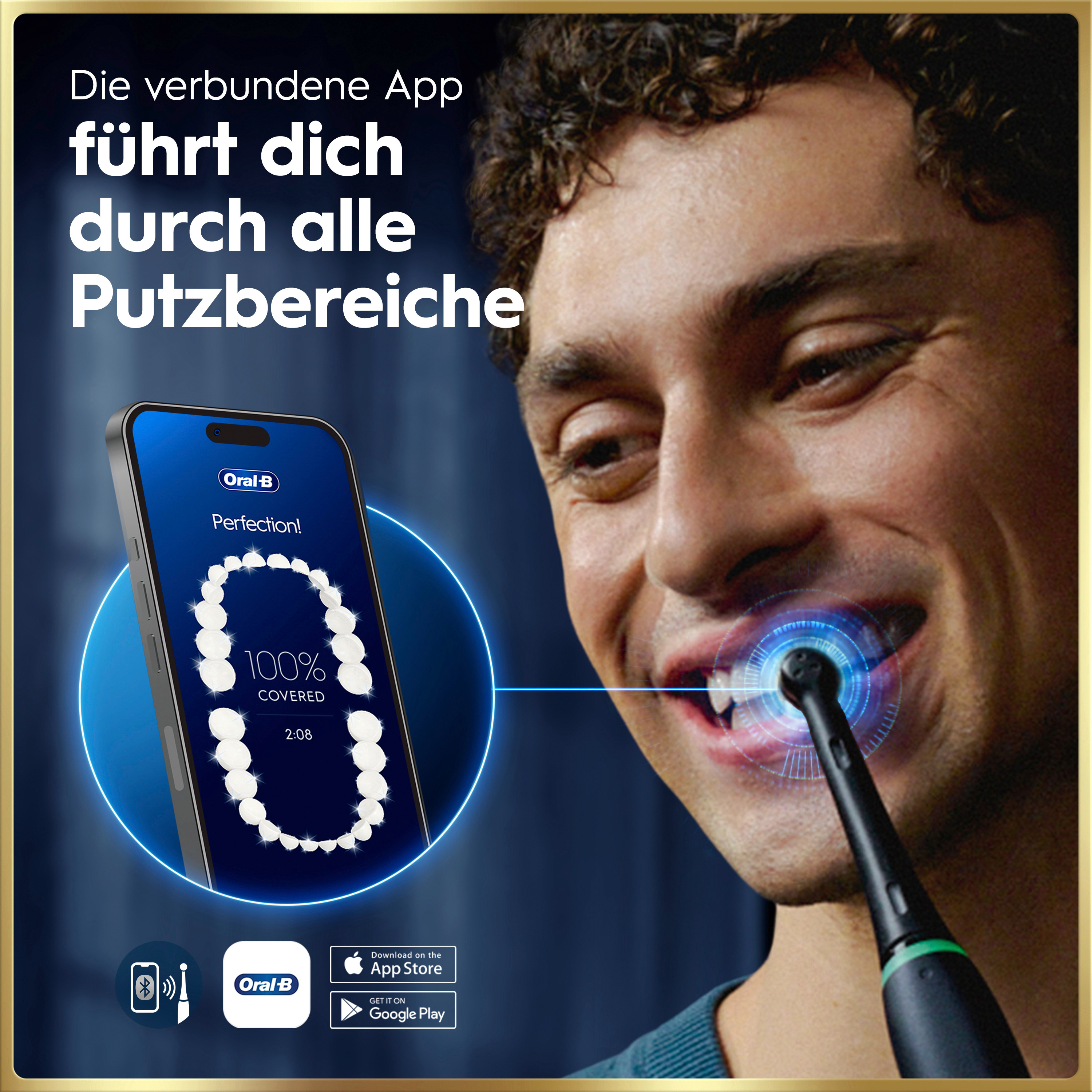 Ein Mann nutzt eine elektrische Zahnbürste, während eine Smartphone-App die Zahnreinigung anzeigt.