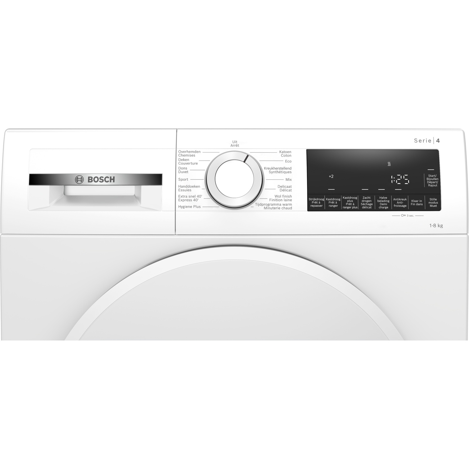 Vooraanzicht van een witte Bosch Serie 4 wasmachine met een centrale draaiknop en digitaal display.