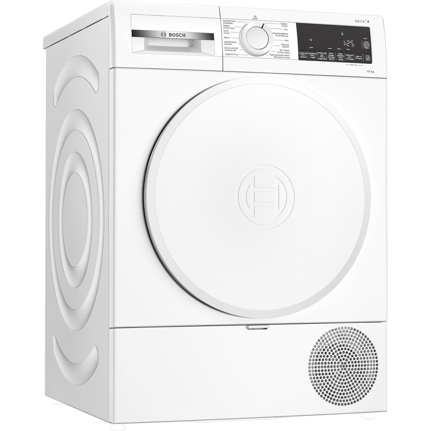 Een witte Bosch Serie 4 wasdroger met ronde deur en digitaal bedieningspaneel tegen een witte achtergrond.