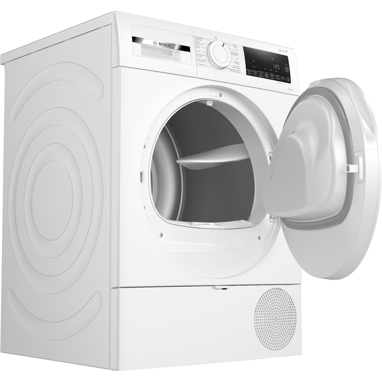 Een witte Bosch wasdroger met een geopende trommeldeur tegen een witte achtergrond.