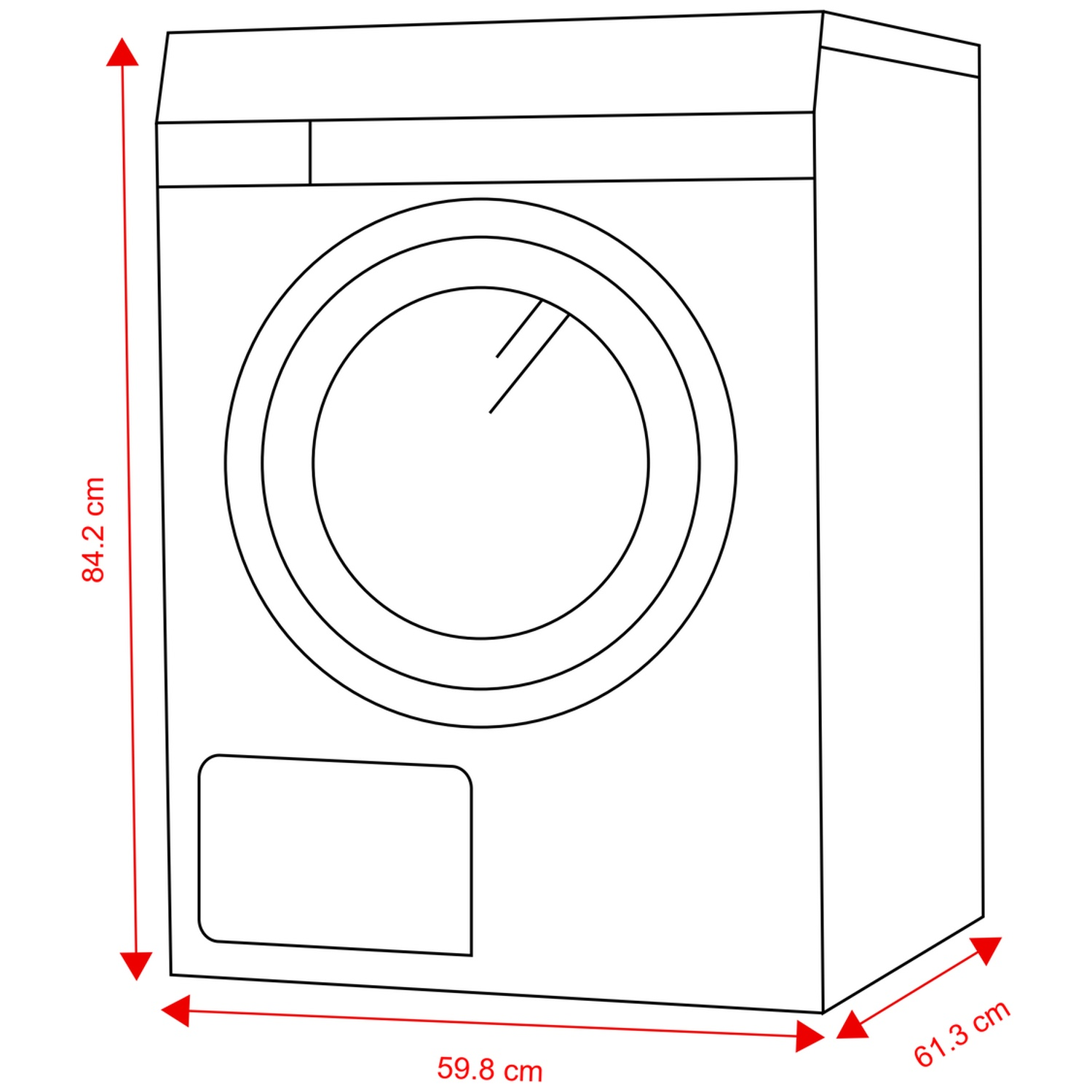 Lijntekening van een wasmachine met afmetingen: hoogte 84,2 cm, breedte 59,8 cm, diepte 61,3 cm.
