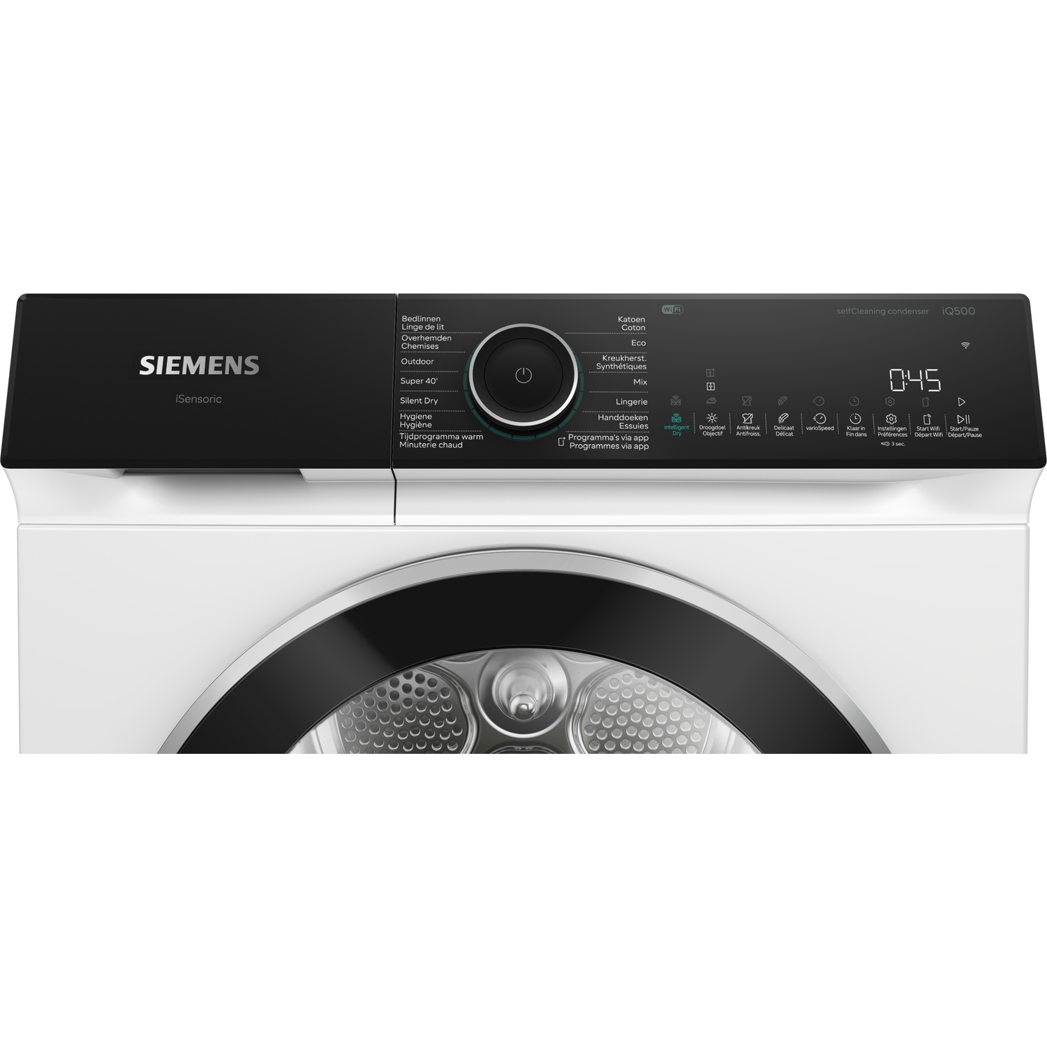 Siemens iQ500 droger bedieningspaneel met draaiknop, touchknoppen en digitaal display boven de trommel.