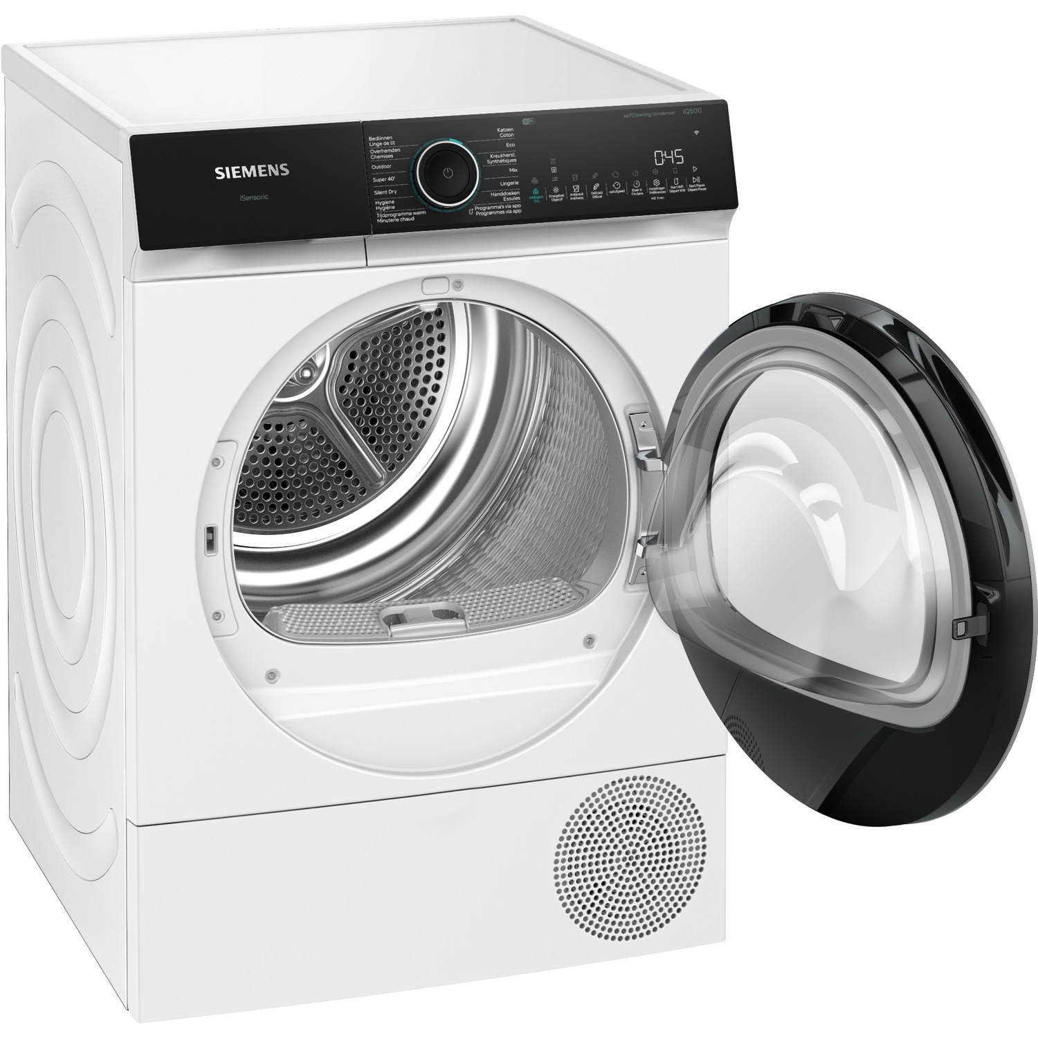 Een witte Siemens droogautomaat met een zwart bedieningspaneel en open deur.