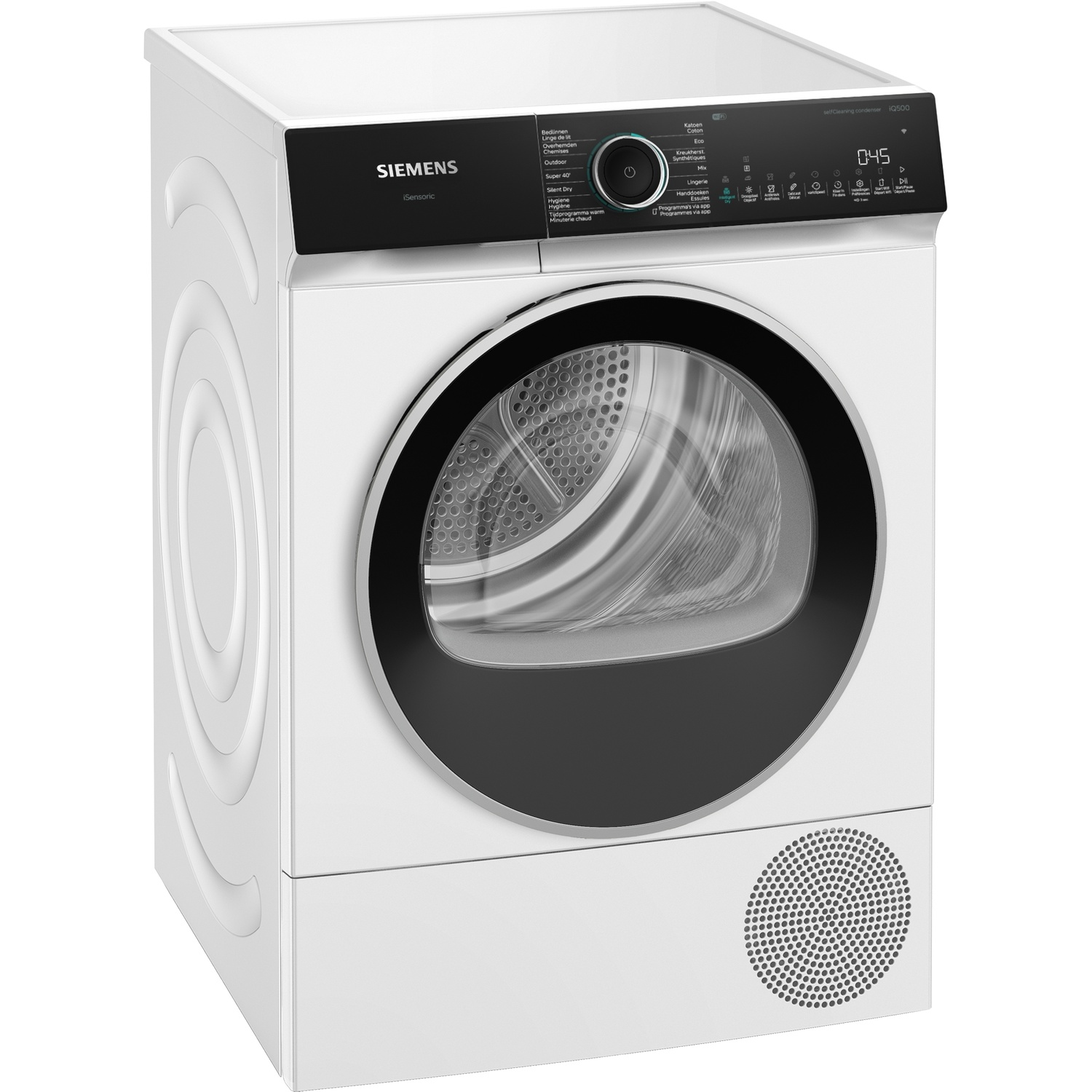 Een witte Siemens iQ500 warmtepompdroger met zwart bedieningspaneel en ronde glazen deur op een witte achtergrond.