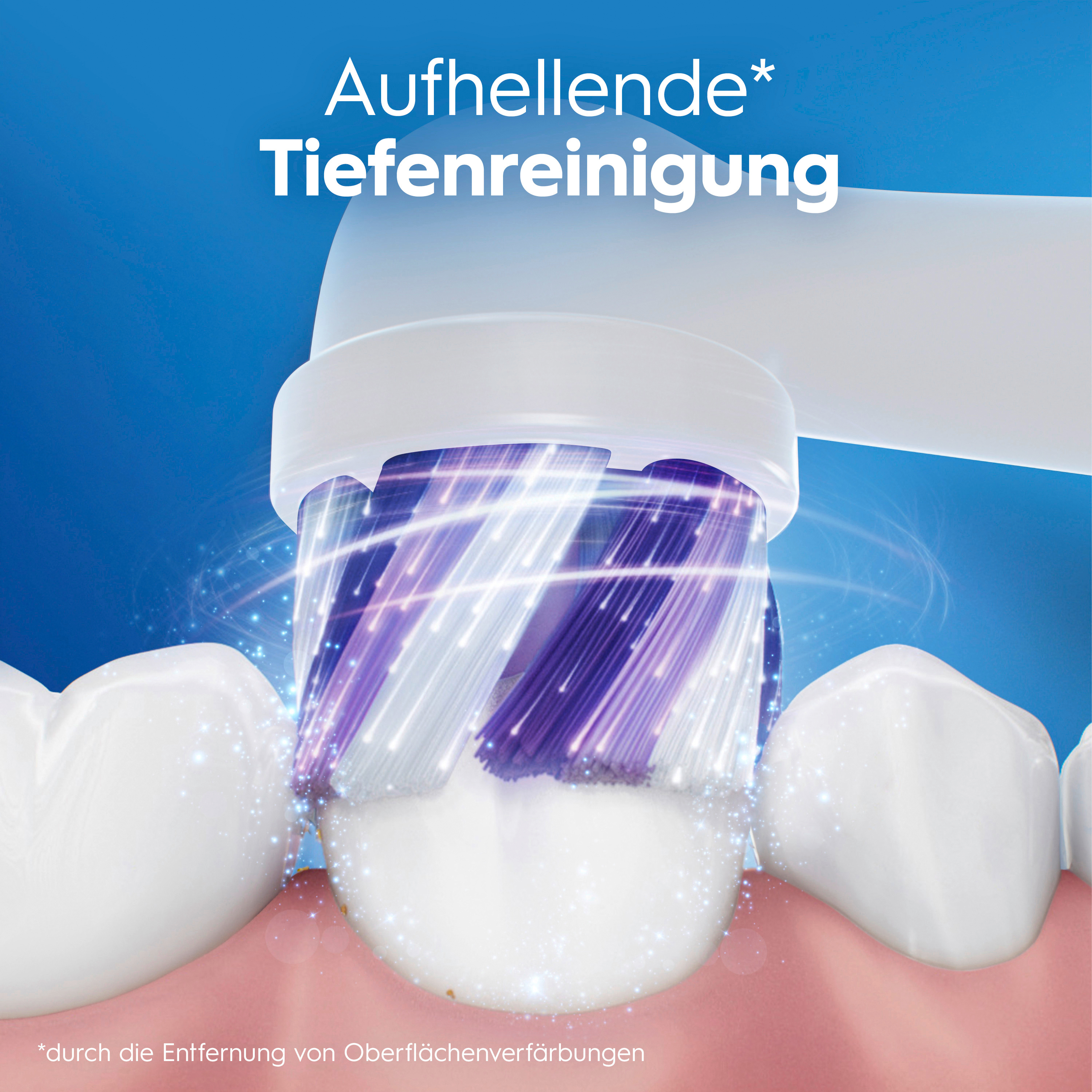 Eine elektrische Zahnbürste reinigt einen Zahn gründlich, umgeben von blauem Hintergrund und Text.