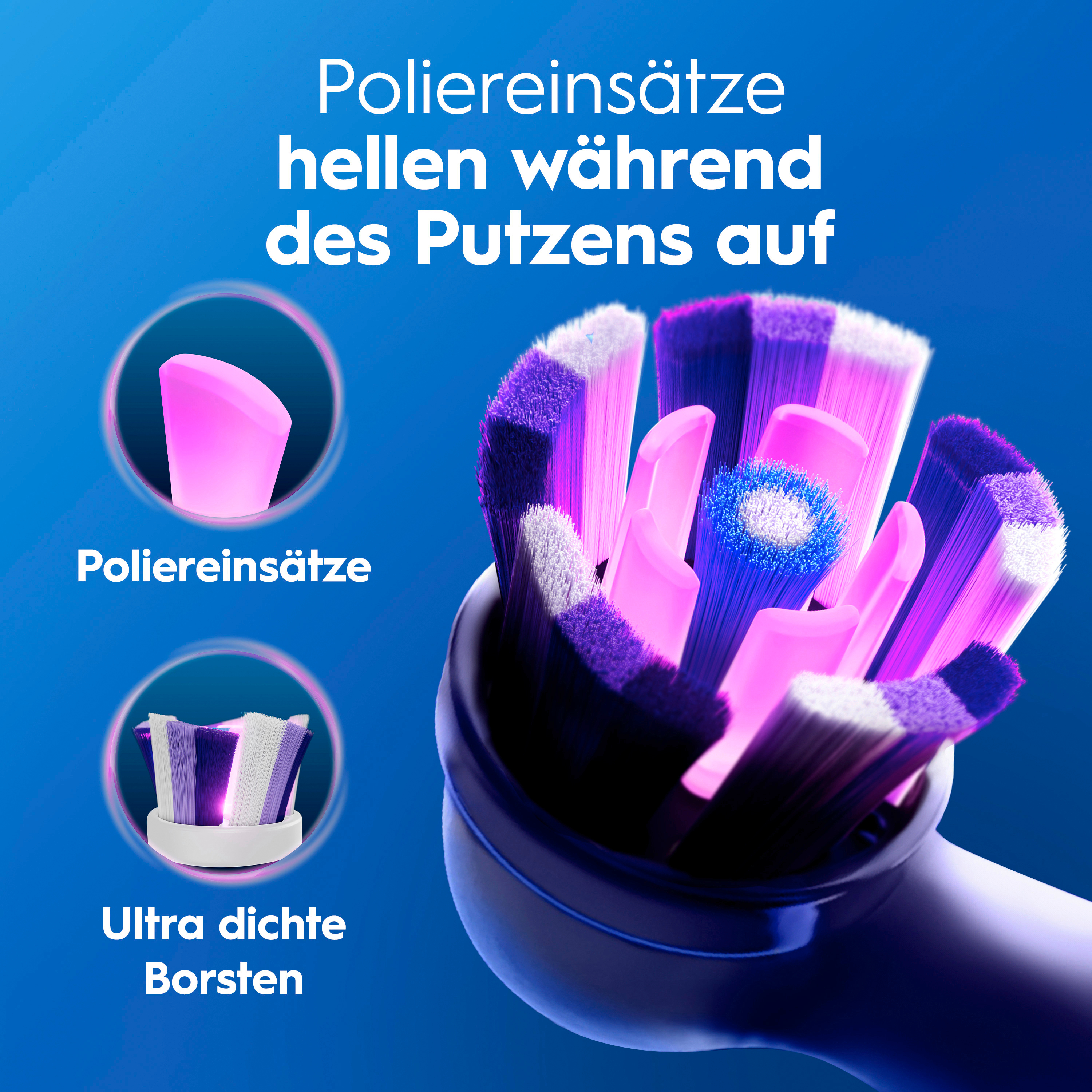 Nahaufnahme eines lila Zahnbürstenkopfes mit bunten Borsten und Poliereinsätzen auf blauem Hintergrund.