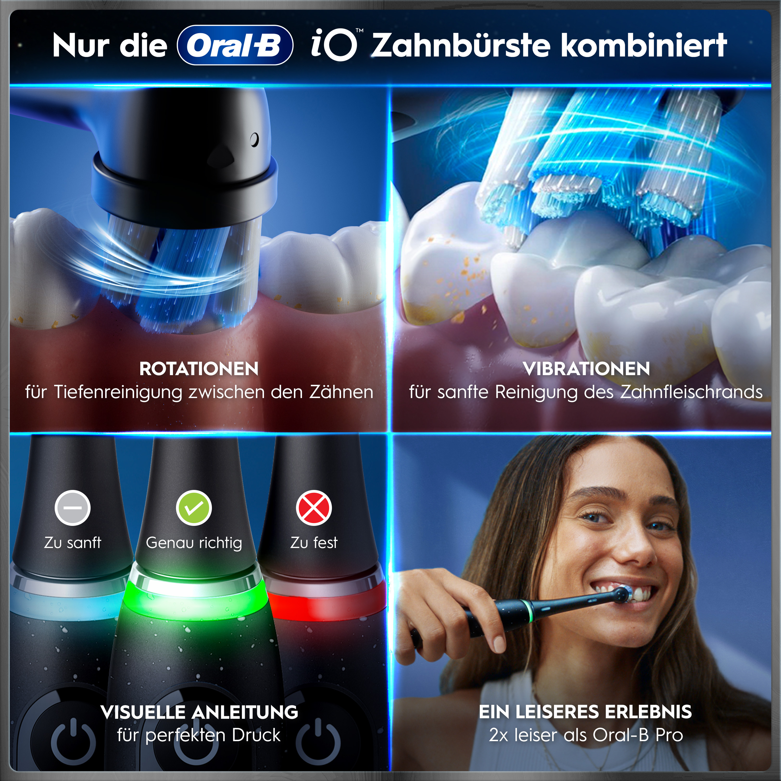 Oral-B iO Zahnbürste mit Rotationen, Vibrationen, visueller Druckanzeige und leiser Anwendung.