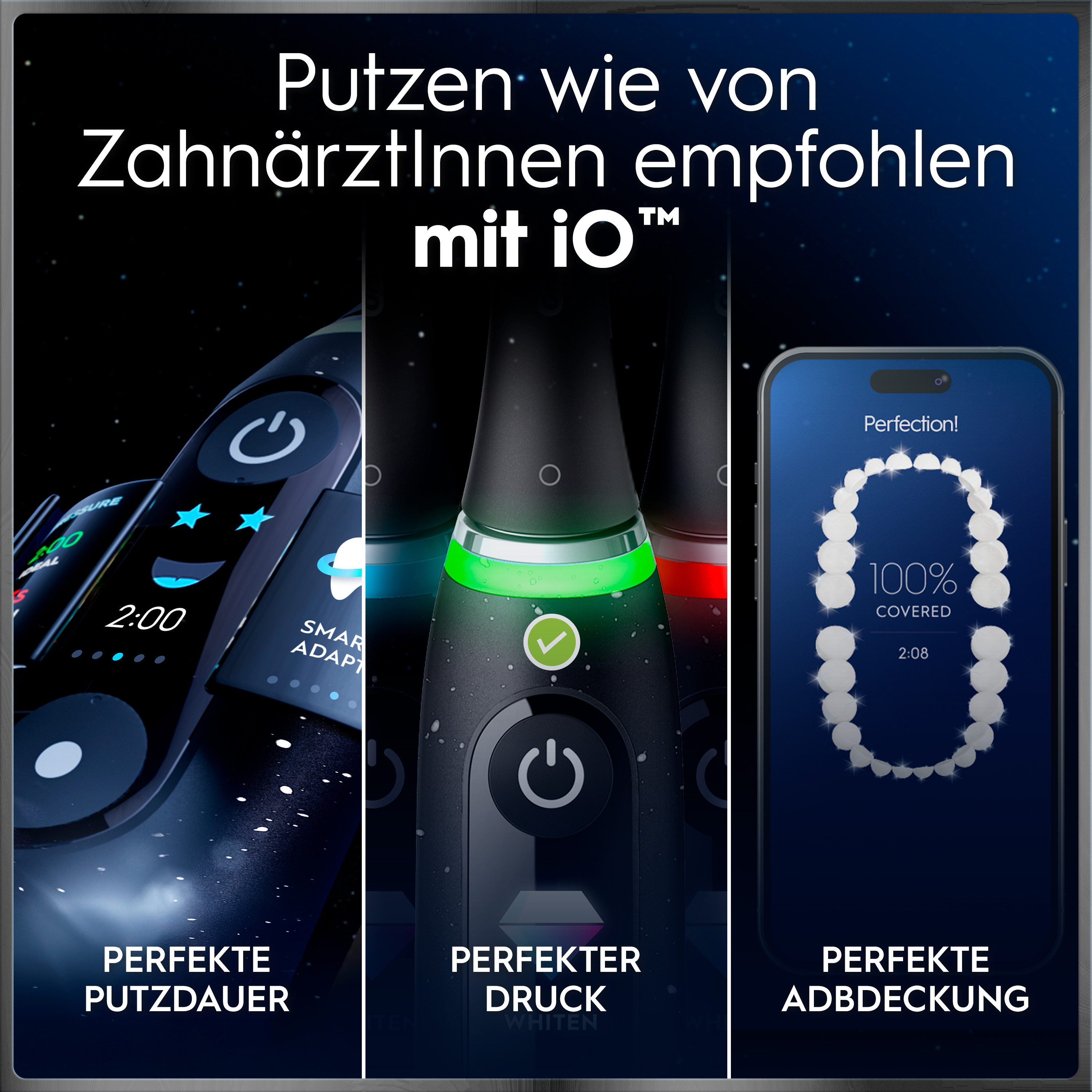 Werbung für die elektrische Zahnbürste iO mit Timer, Drucksensor und App-Anbindung für perfekte Zahnpflege.