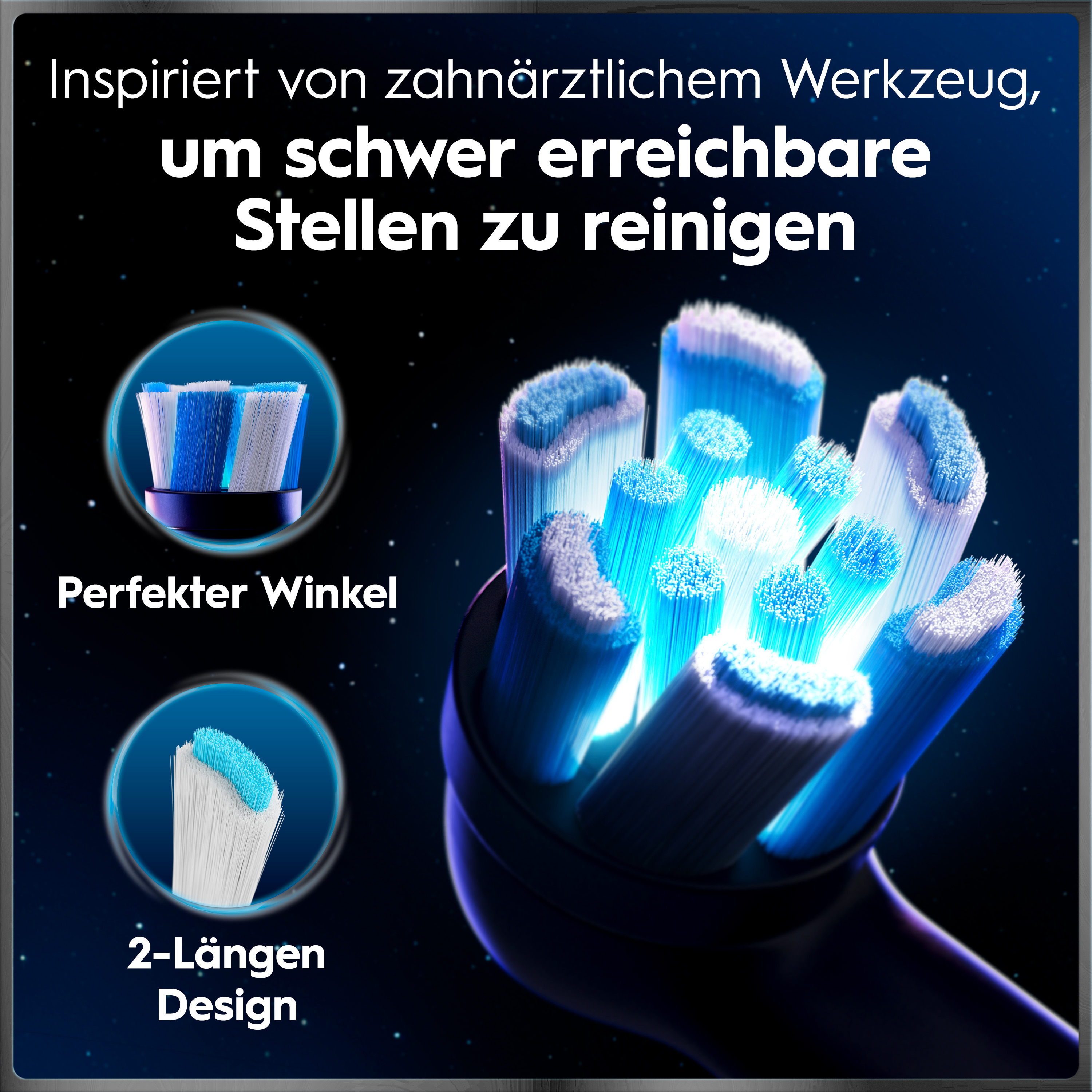 Blaue Zahnbürstenkopf-Borsten im Detail mit Grafiken zu Design und Winkel.