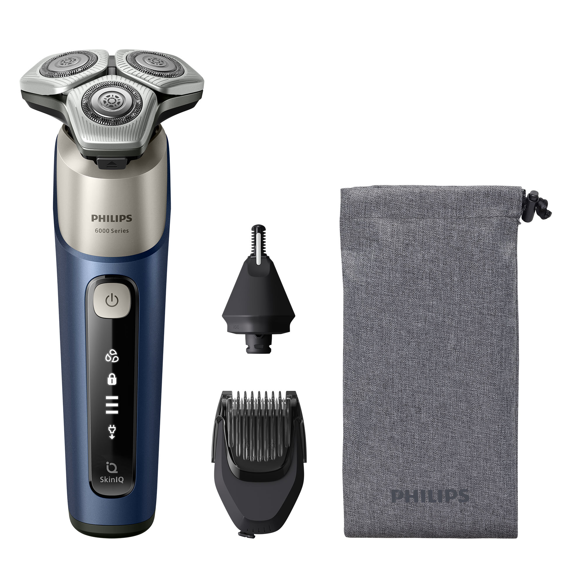 Afeitadora azul Philips serie 6000 con accesorios y bolsa de tela gris.