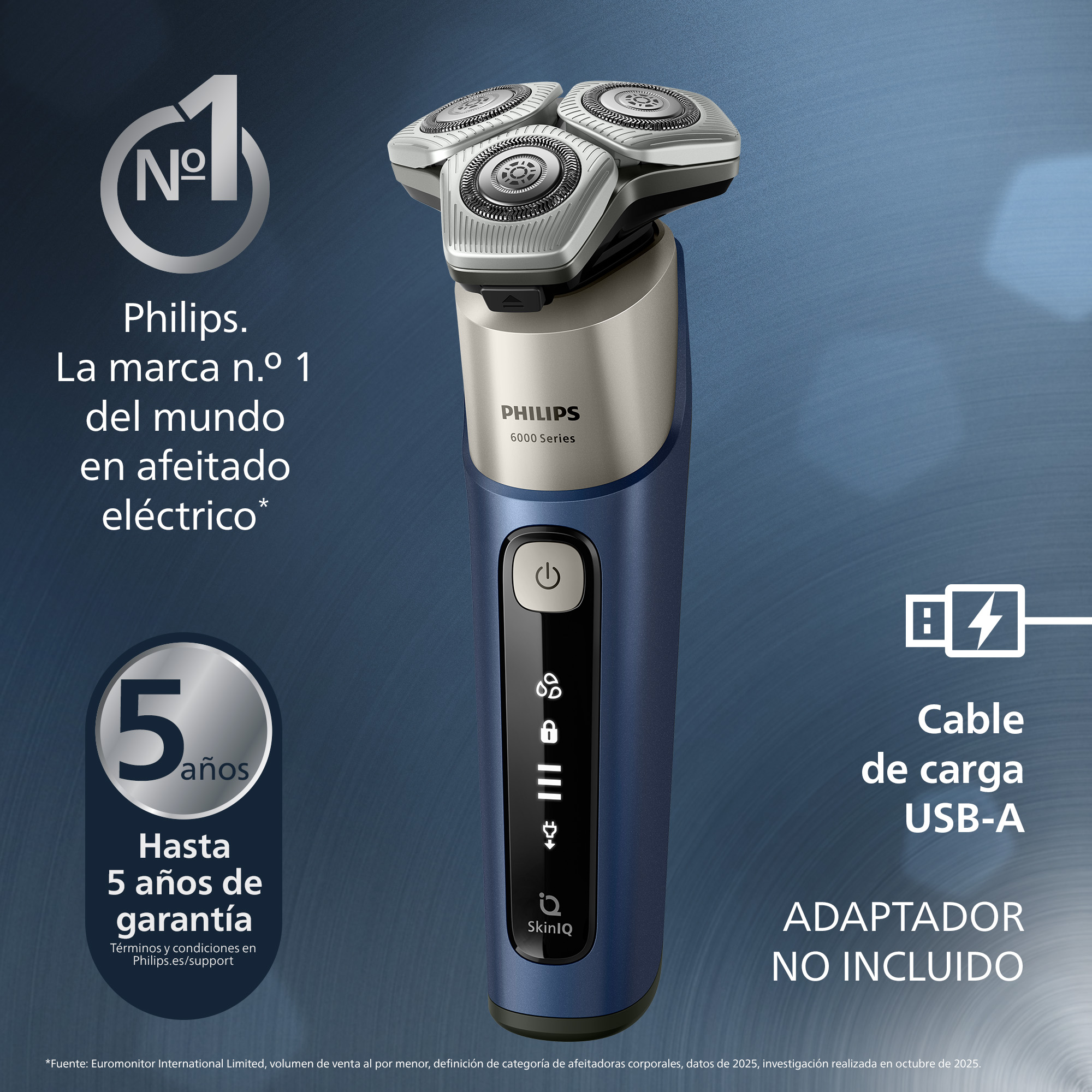 Afeitadora eléctrica Philips Serie 6000 en azul y plata sobre fondo azul con texto promocional.