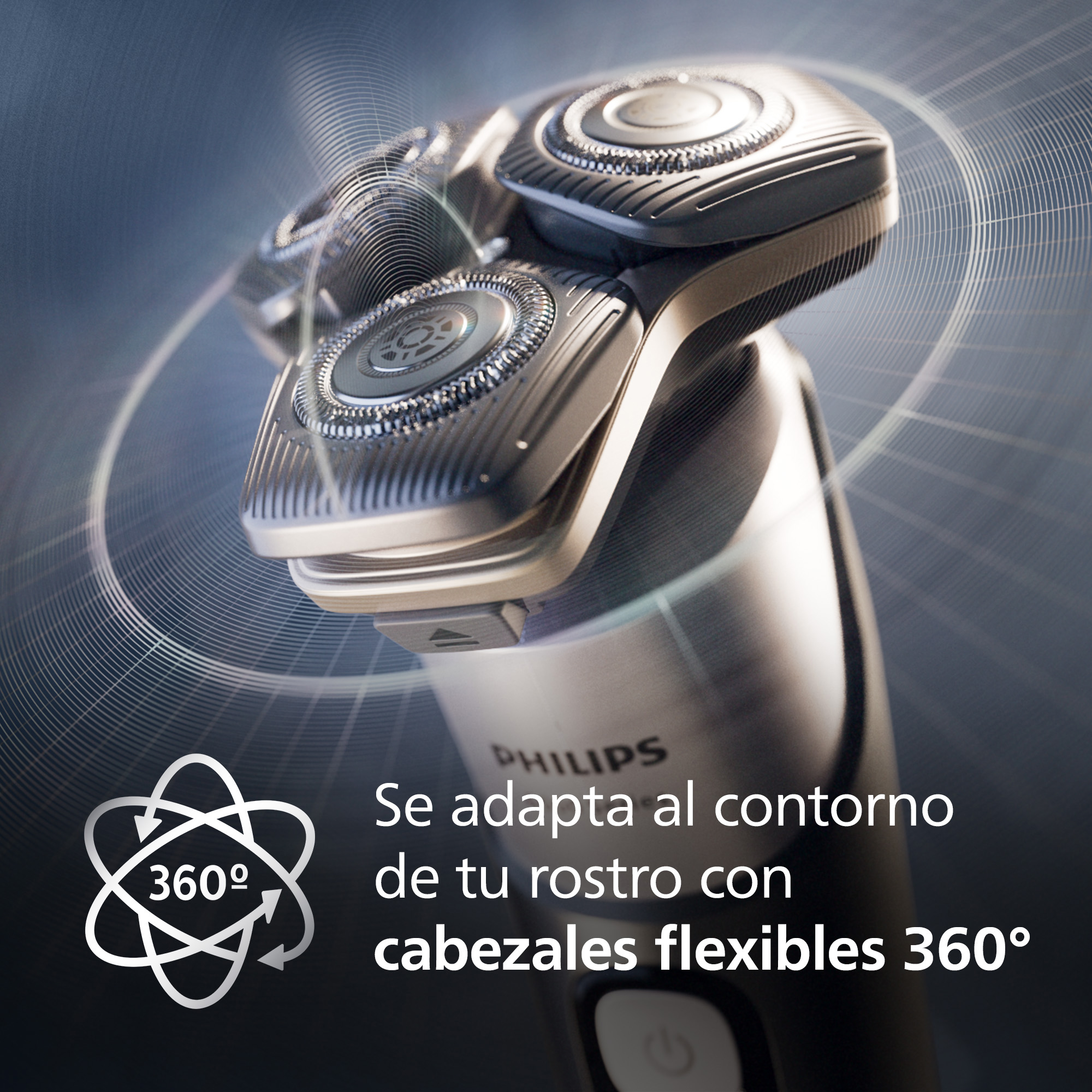 Afeitadora Philips con cabezales flexibles de 360 grados sobre fondo oscuro.