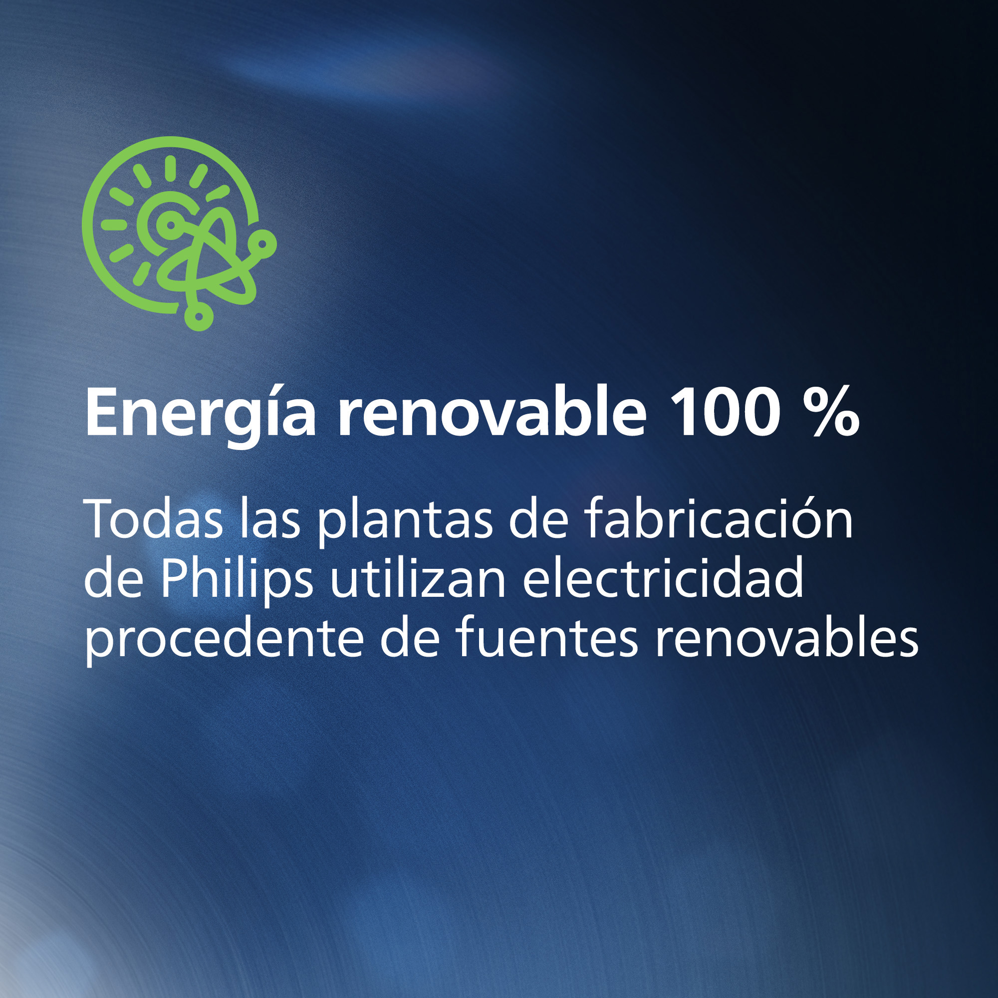Icono de energía verde y texto sobre 100% energía renovable en plantas de Philips sobre fondo azul.