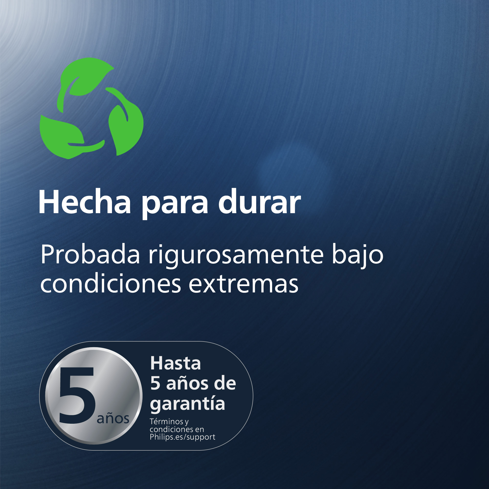 Anuncio azul con hojas verdes, texto 'Hecha para durar' y '5 años de garantía'.