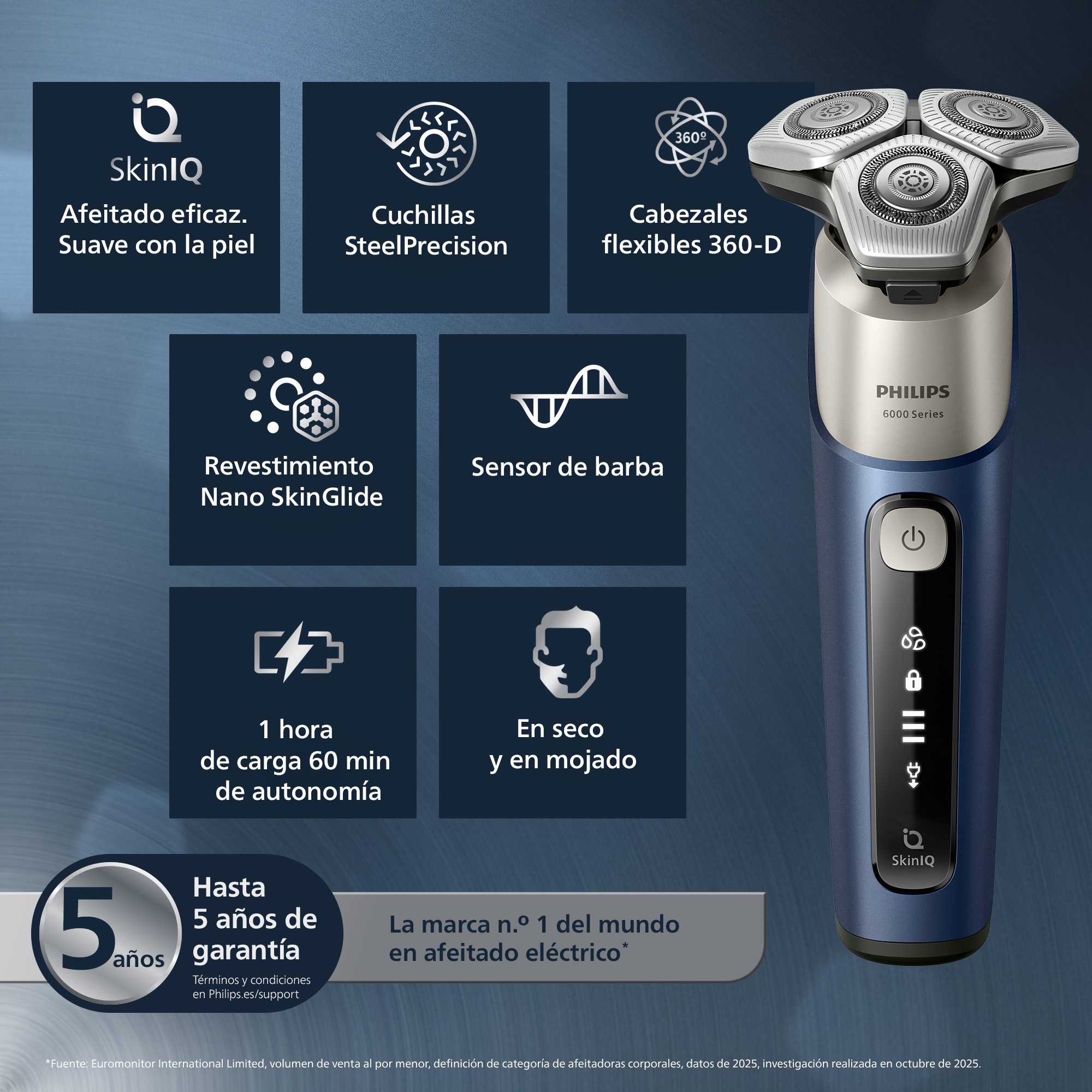 Afeitadora eléctrica Philips azul con SkinIQ, cabezales flexibles, 60 min de autonomía y 5 años de garantía.