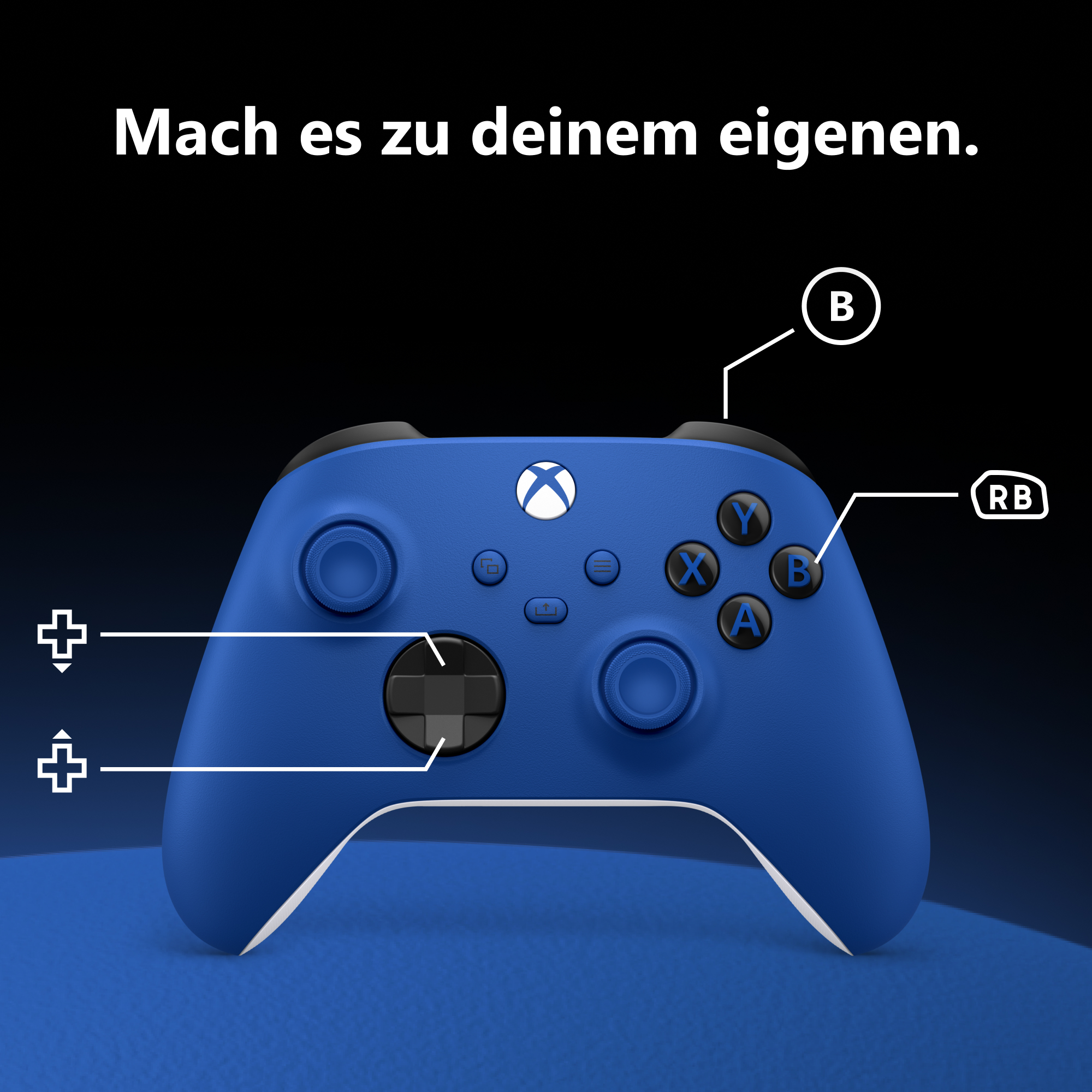 Ein blauer Xbox-Controller mit deutschem Text oben und Tastenbeschriftungen.