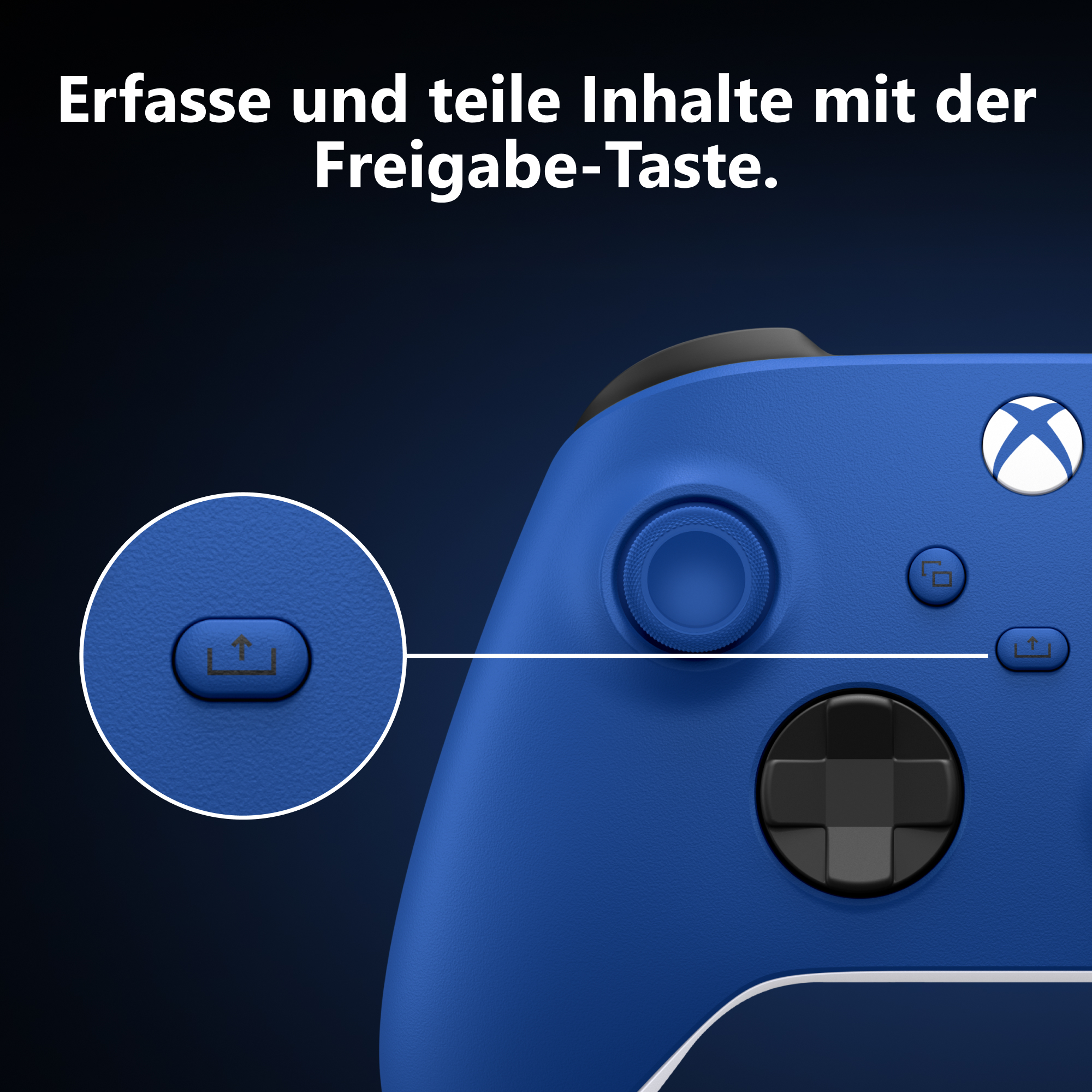 Ein blauer Xbox-Controller zeigt im Detail die Freigabetaste mit einem Vergrößerungsausschnitt.