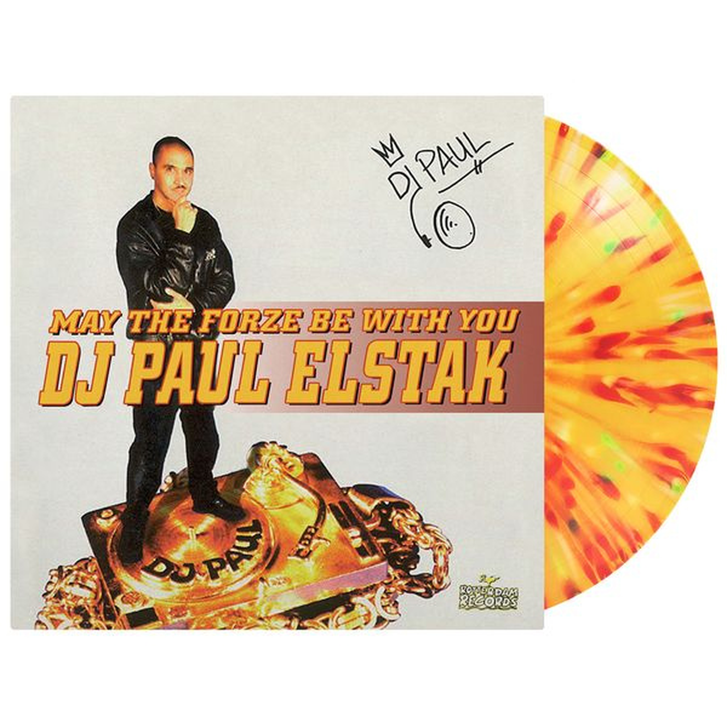 DJ Paul Elstak albumhoes met een gekleurde vinylplaat.