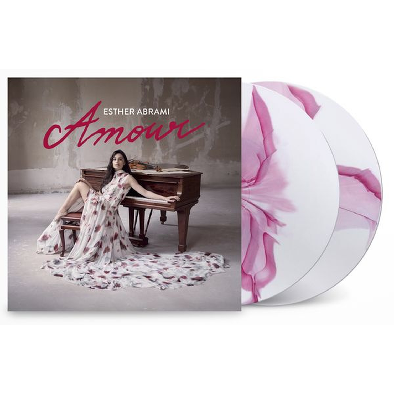 Albumhoes van Esther Abramis Amour met pianiste bij een piano en twee roze vinylplaten.
