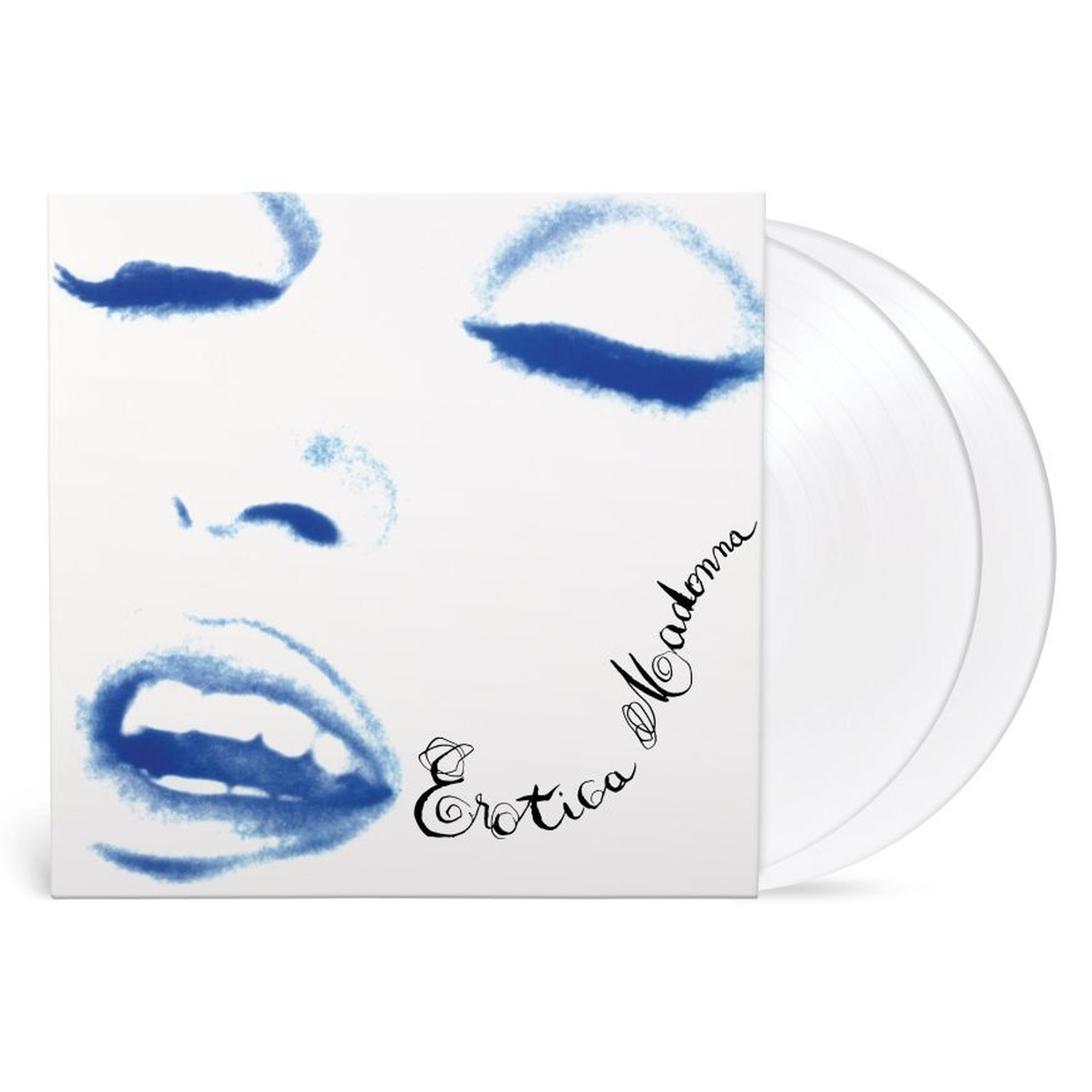 Madonna Erotica vinylplaten met blauwe gezichtsgrafiek op de hoes.