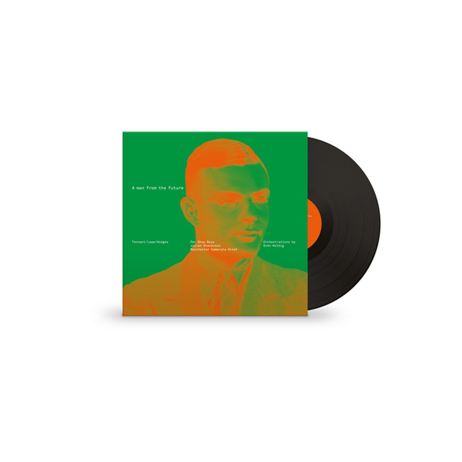 Groene vinylalbumhoes met oranje portret van een man en tekst, met een zwarte plaat ernaast.