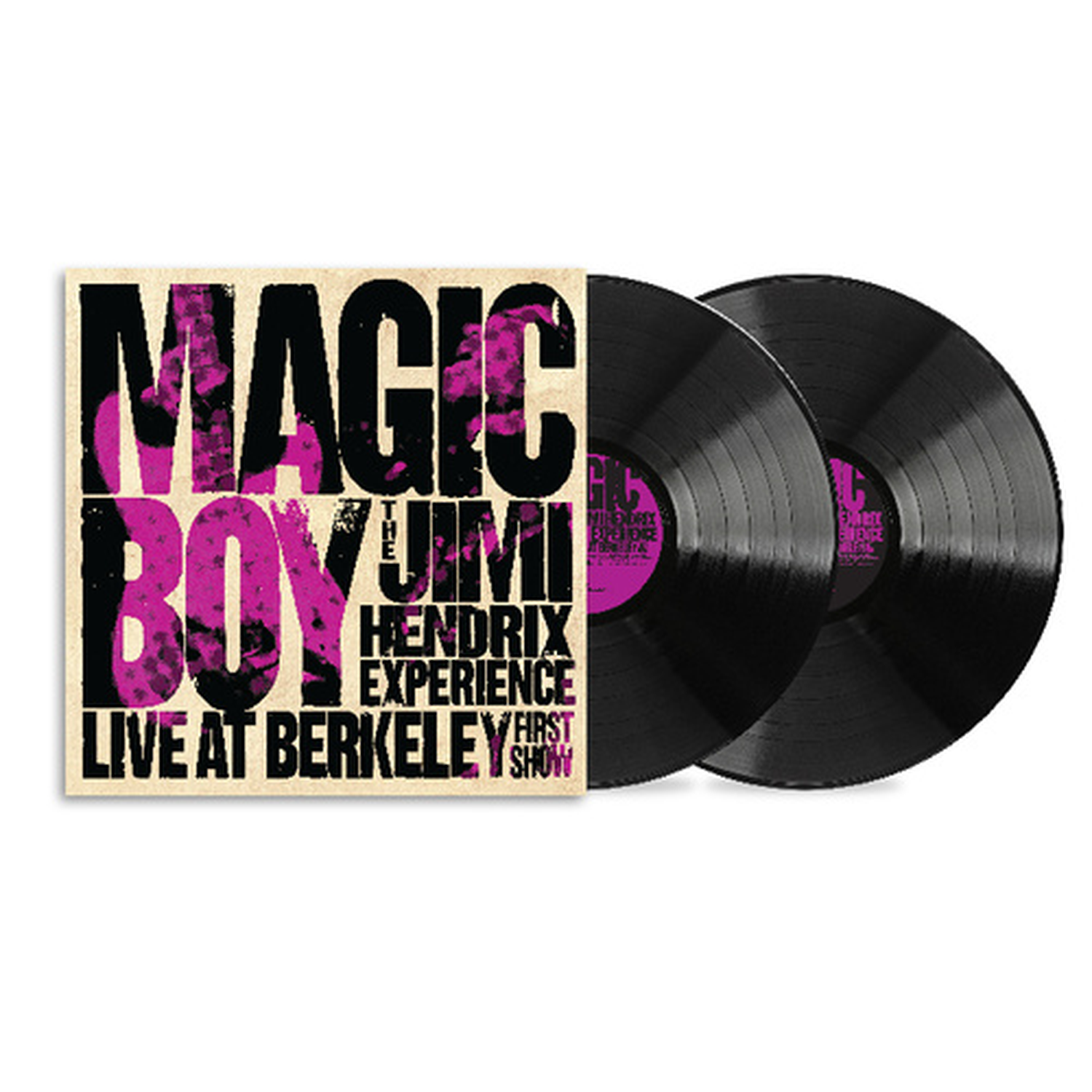 Dubbel vinylalbum van Jimi Hendrix, Live at Berkeley, met roze en zwarte hoes.