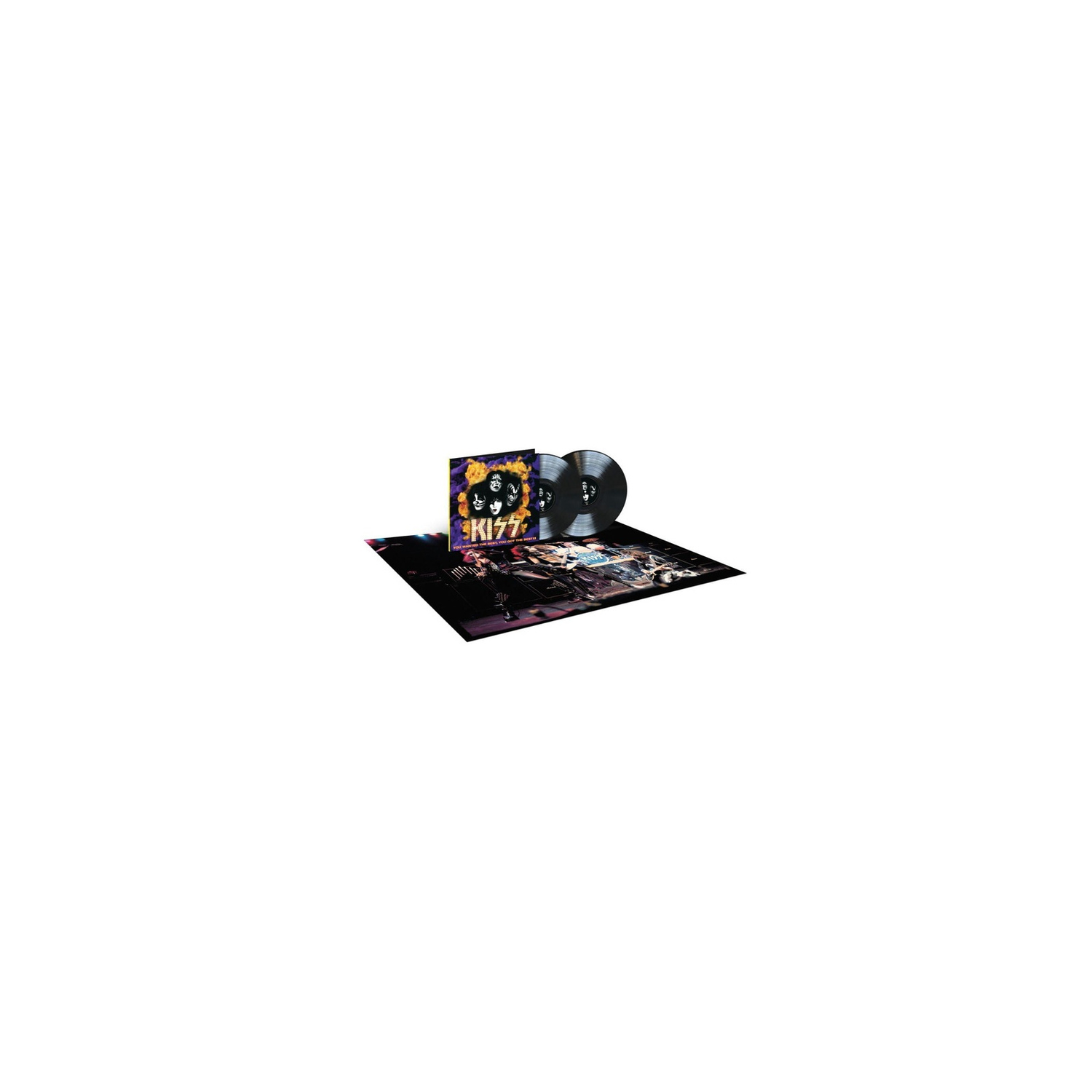 Kiss vinyl albumset met hoes en twee LP's op een bedrukte mat.