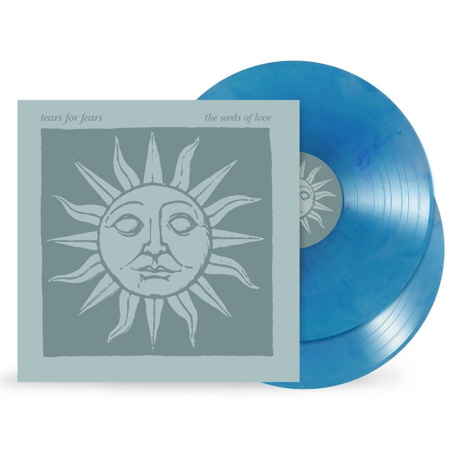 Albumhoes en twee blauwe vinylplaten van Tears for Fears met een zon-ontwerp.