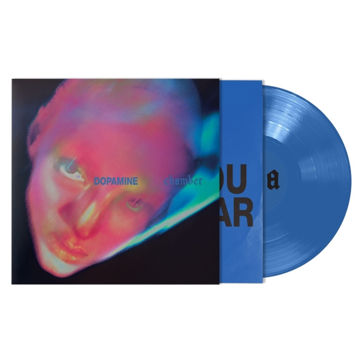 Een vinylalbum met een kleurrijk, warmtebeeldachtig gezicht op de hoes, een blauwe binnenhoes en blauw vinyl.