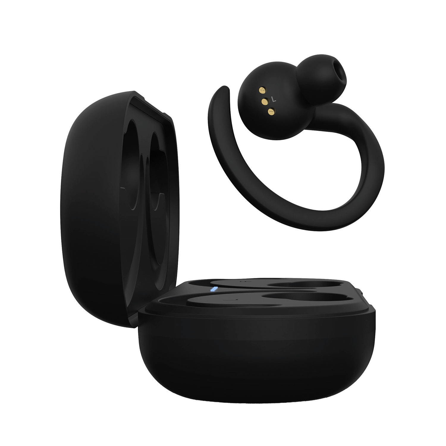 Auriculares inalámbricos negros con estuche de carga y ganchos sobre fondo blanco.