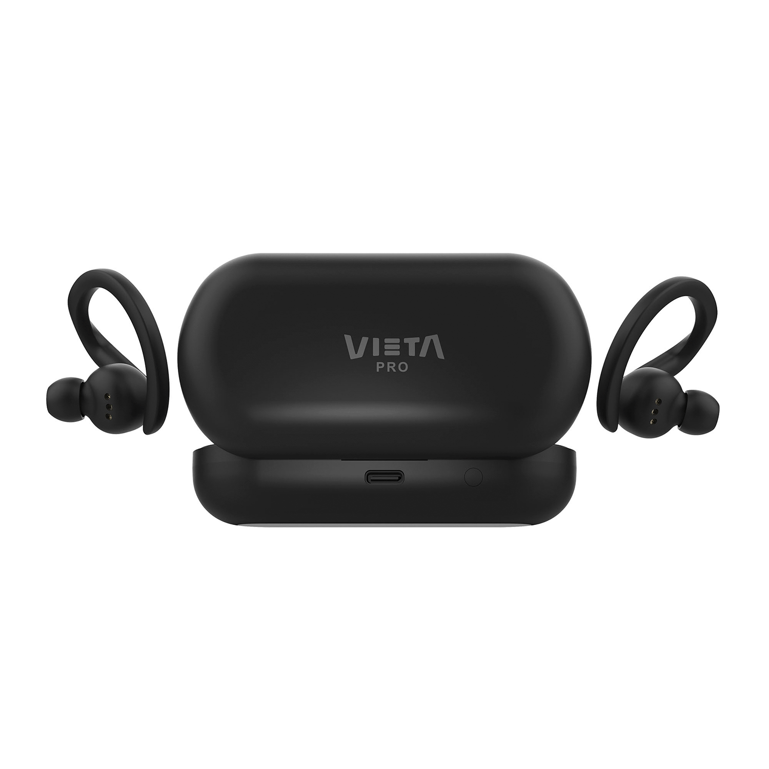 Auriculares deportivos inalambricos negros con estuche de carga y marca Vieta Pro sobre fondo blanco.