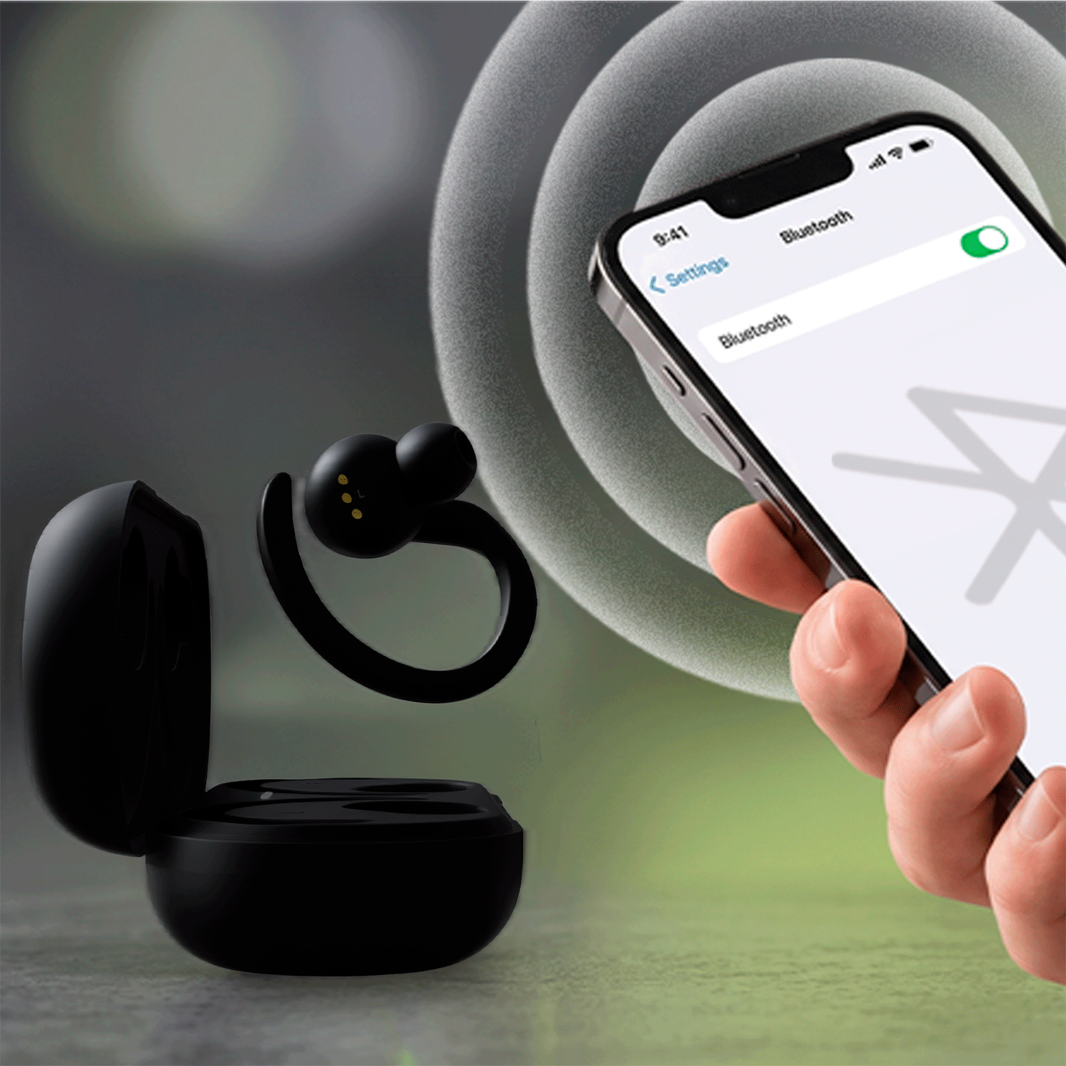 Auriculares inalambricos negros conectandose a un telefono movil por Bluetooth.