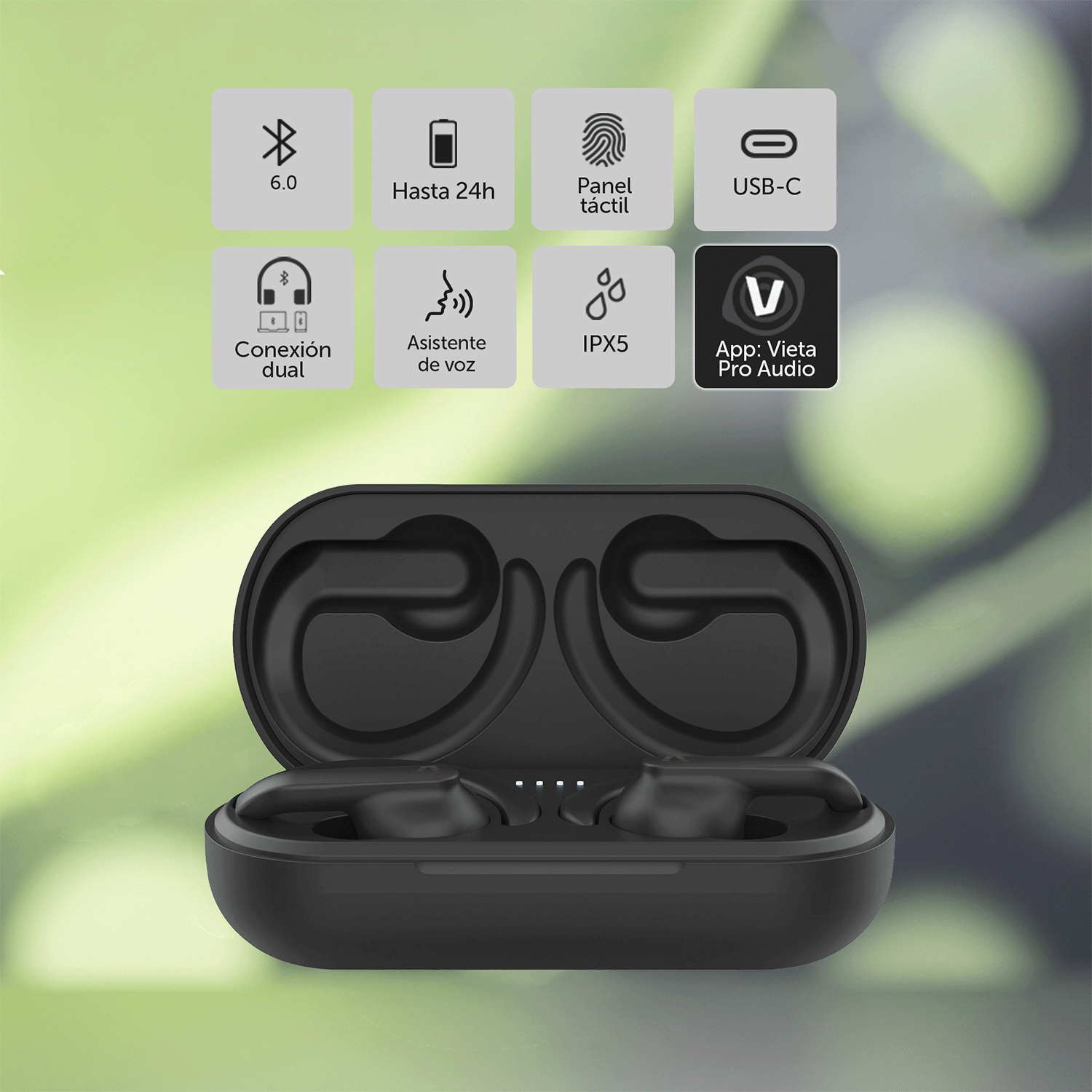 Estuche de carga negro para auriculares con ocho iconos de características arriba sobre fondo verde.