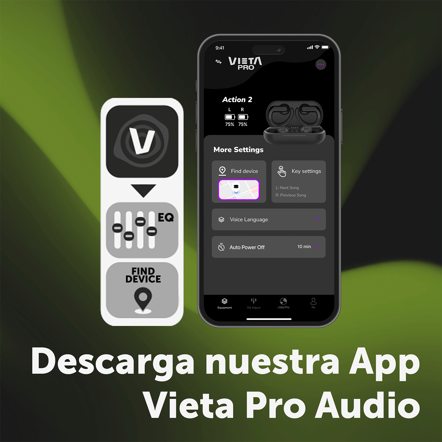 Smartphone con la app Vieta Pro Audio mostrando la configuración de auriculares.