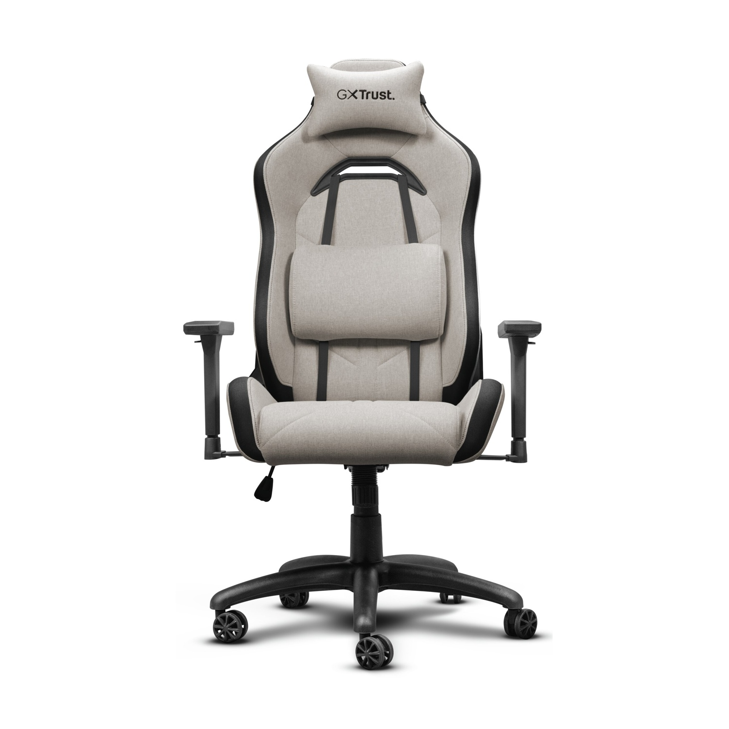 Sedia da gioco beige con struttura nera, ruote, cuscini per testa e lombari su sfondo bianco.