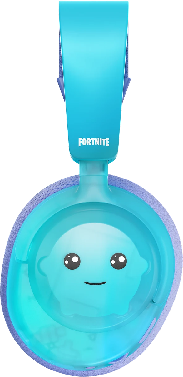 Világoskék Fortnite gamer headset aranyos arc mintával a fülpárnán fekete háttér előtt.