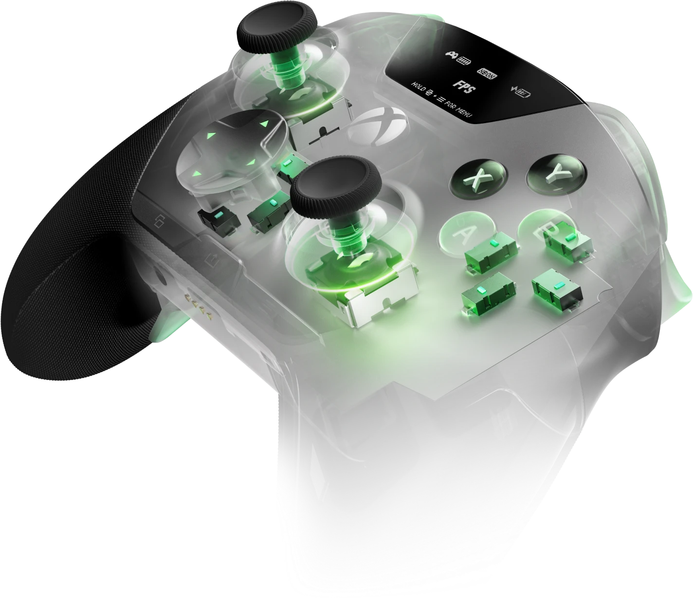 Átlátszó Xbox kontroller zölden világító belső kapcsolókkal, joystickokkal és gombokkal fekete háttér előtt.