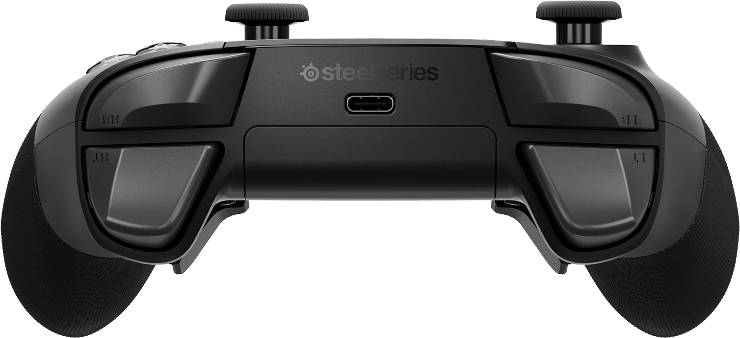 Egy fekete SteelSeries játékvezérlő hátulja USB-C porttal és vállgombokkal.