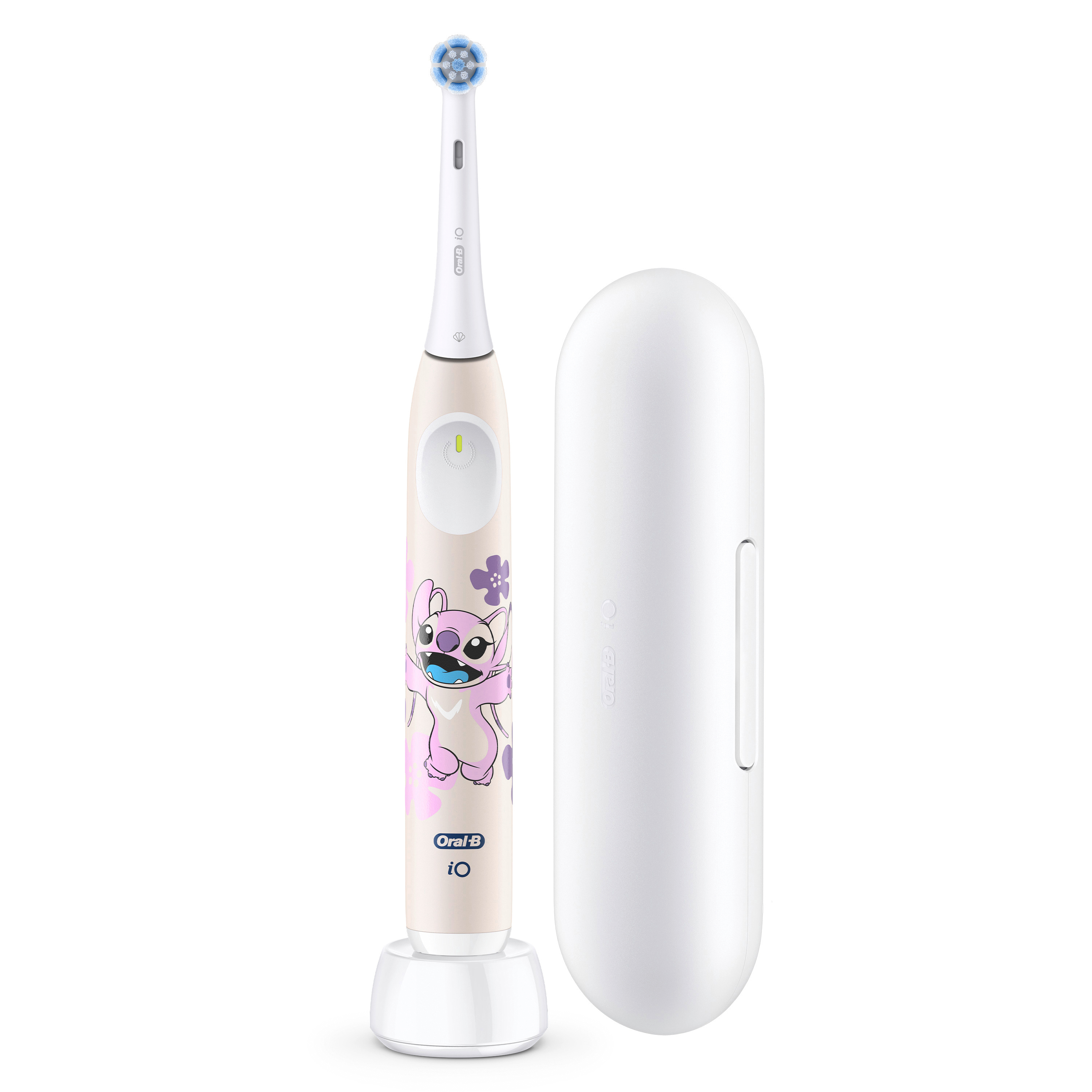 Eine rosa Oral-B iO elektrische Zahnbürste mit Stitch-Design, Ladestation und weißem Reiseetui.